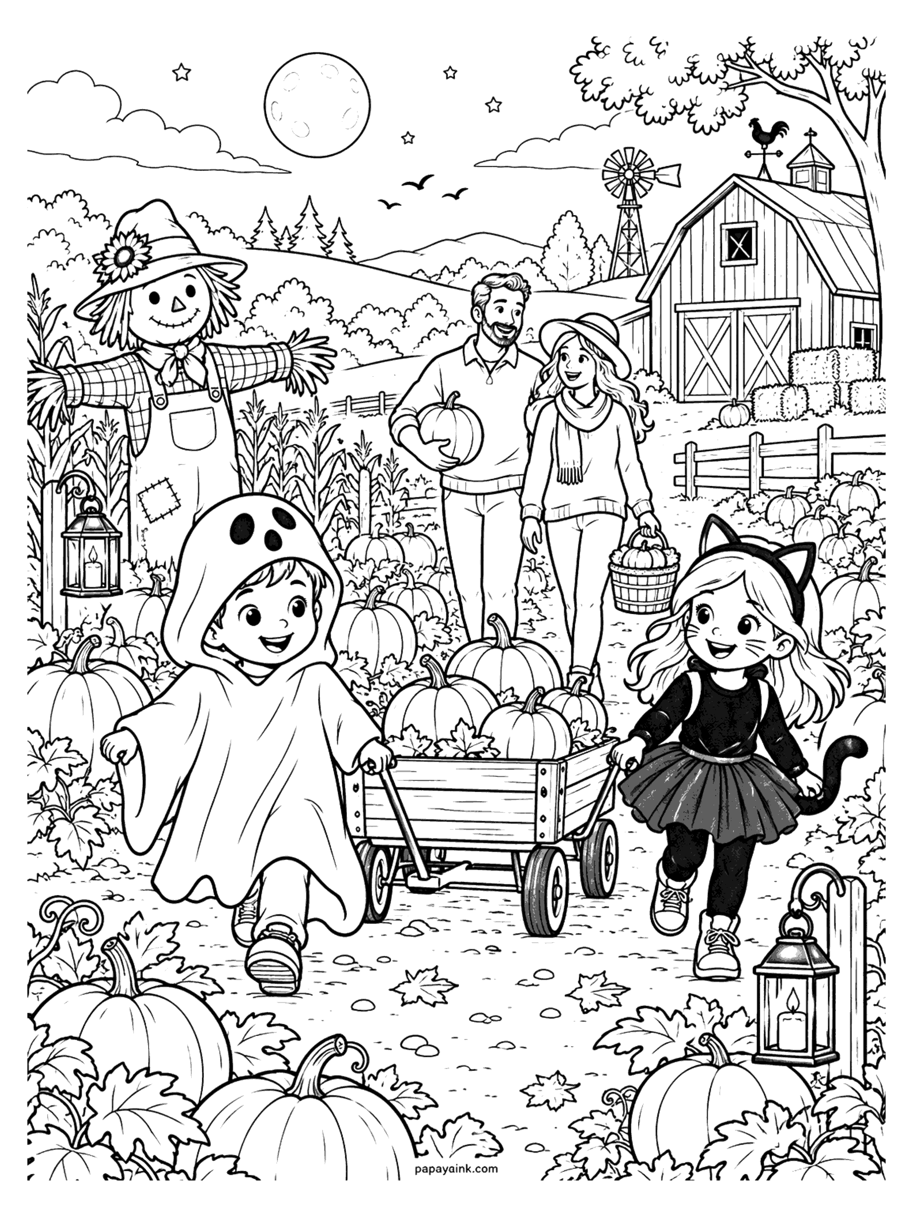 Halloween Coloring Pages - Two kids dressed as a ghost and a black cat pull a wagon of pumpkins through the patch with mom and dad behind them, a scarecrow, a red barn and a full moon. Detailed