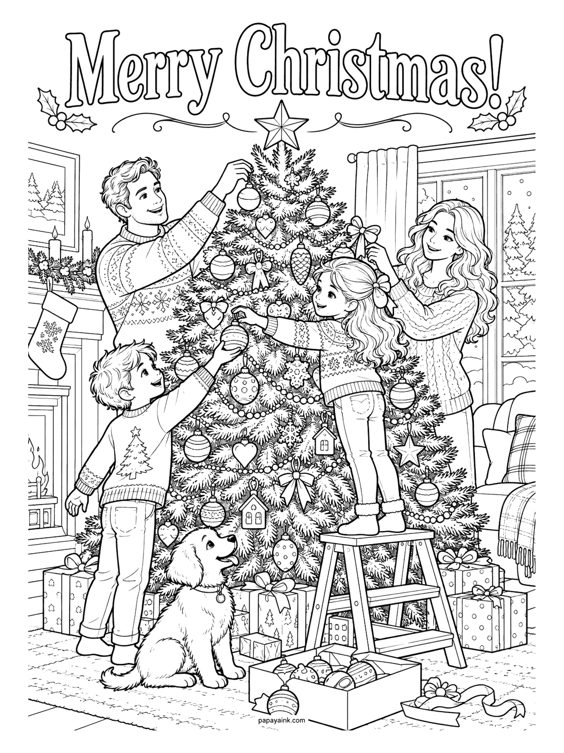 Merry Christmas Coloring Pages - A family of four decorates a tall Christmas tree, with the girl on a stepladder, a box of ornaments, and a golden retriever watching. Detailed