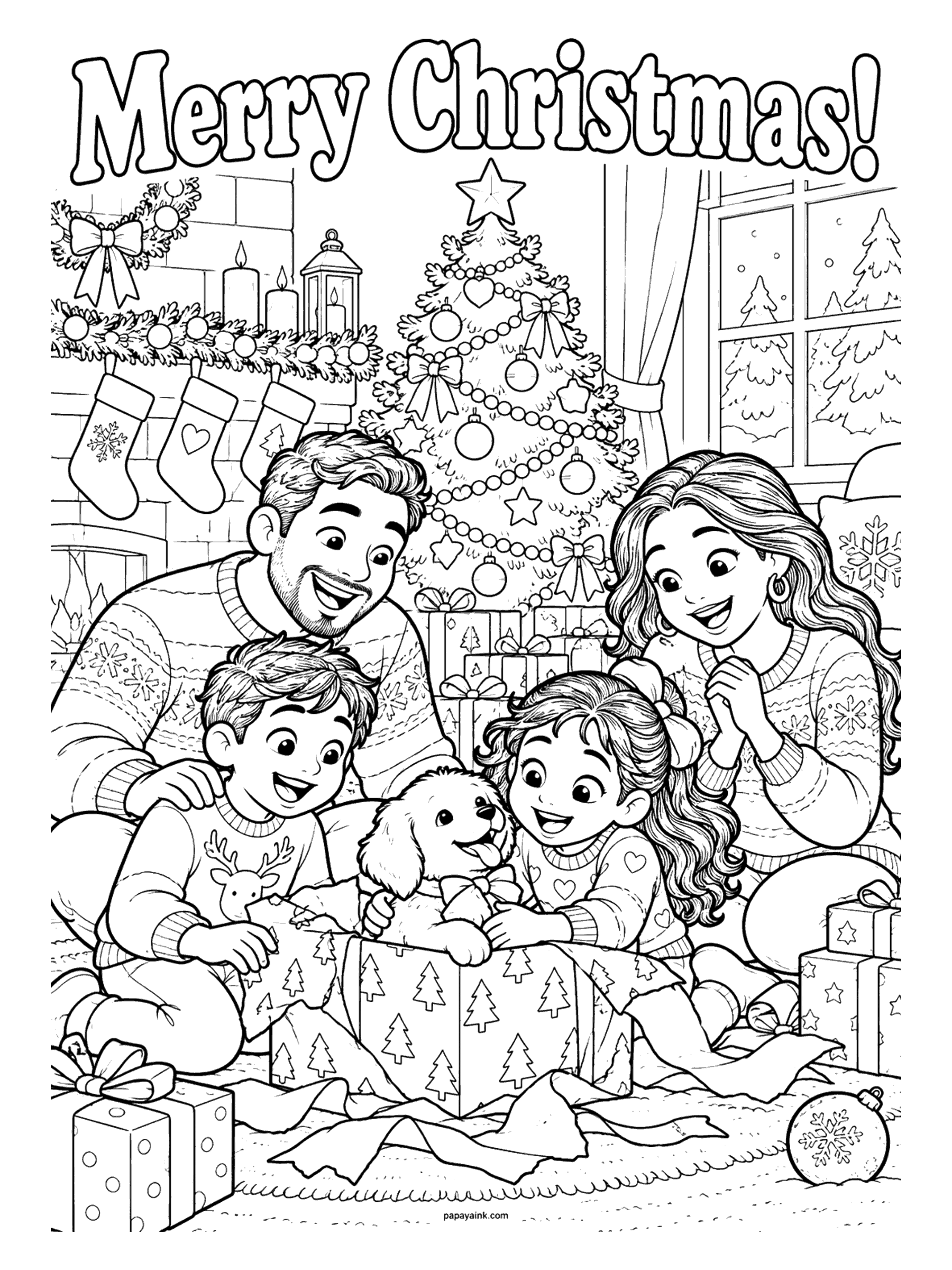 Merry Christmas Coloring Pages - A family gasps with joy as a puppy pops out of a wrapped gift box beside the Christmas tree.