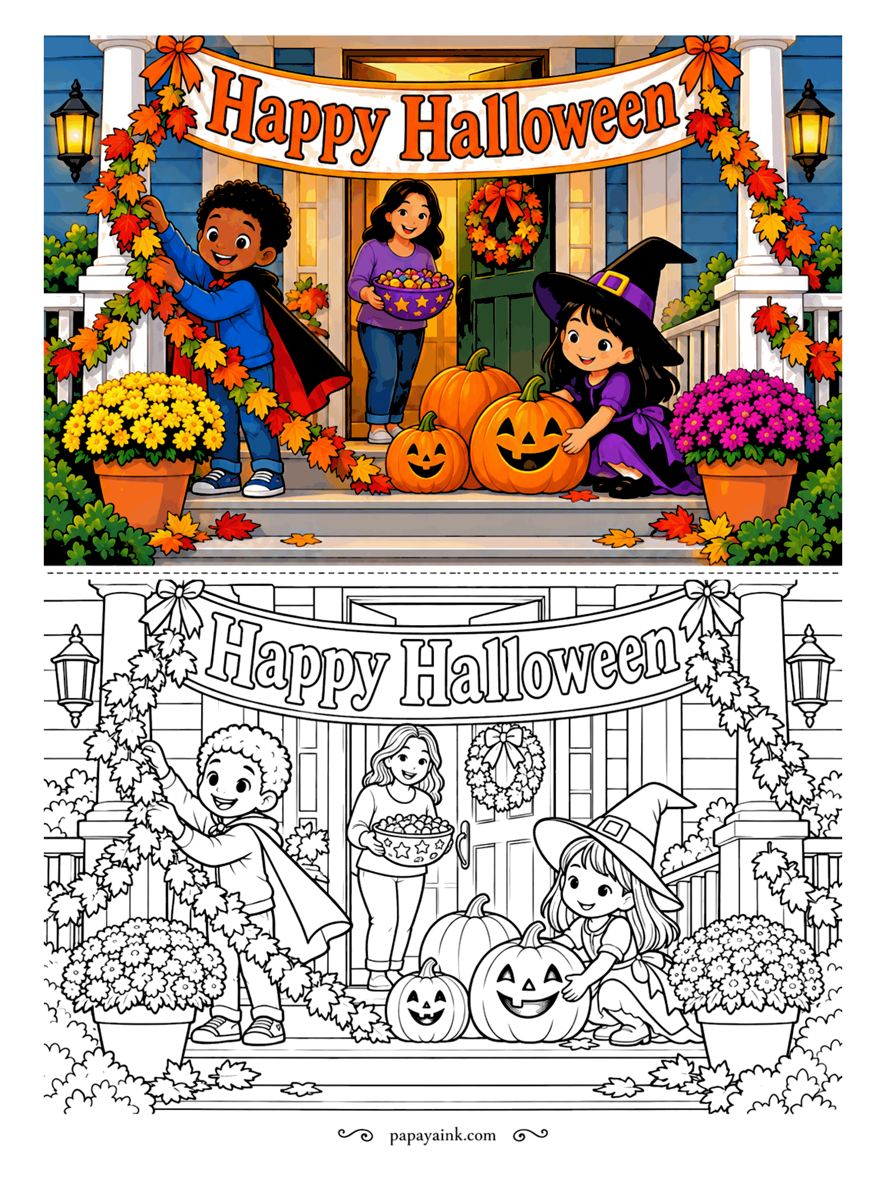 Halloween Coloring Pages - Big brother hangs the leaf garland, Mom brings out the candy bowl, and the youngest, in a witch hat, fusses over the pumpkins on the step. Detailed - porch columns, railings, a wreath and two full flower pots.