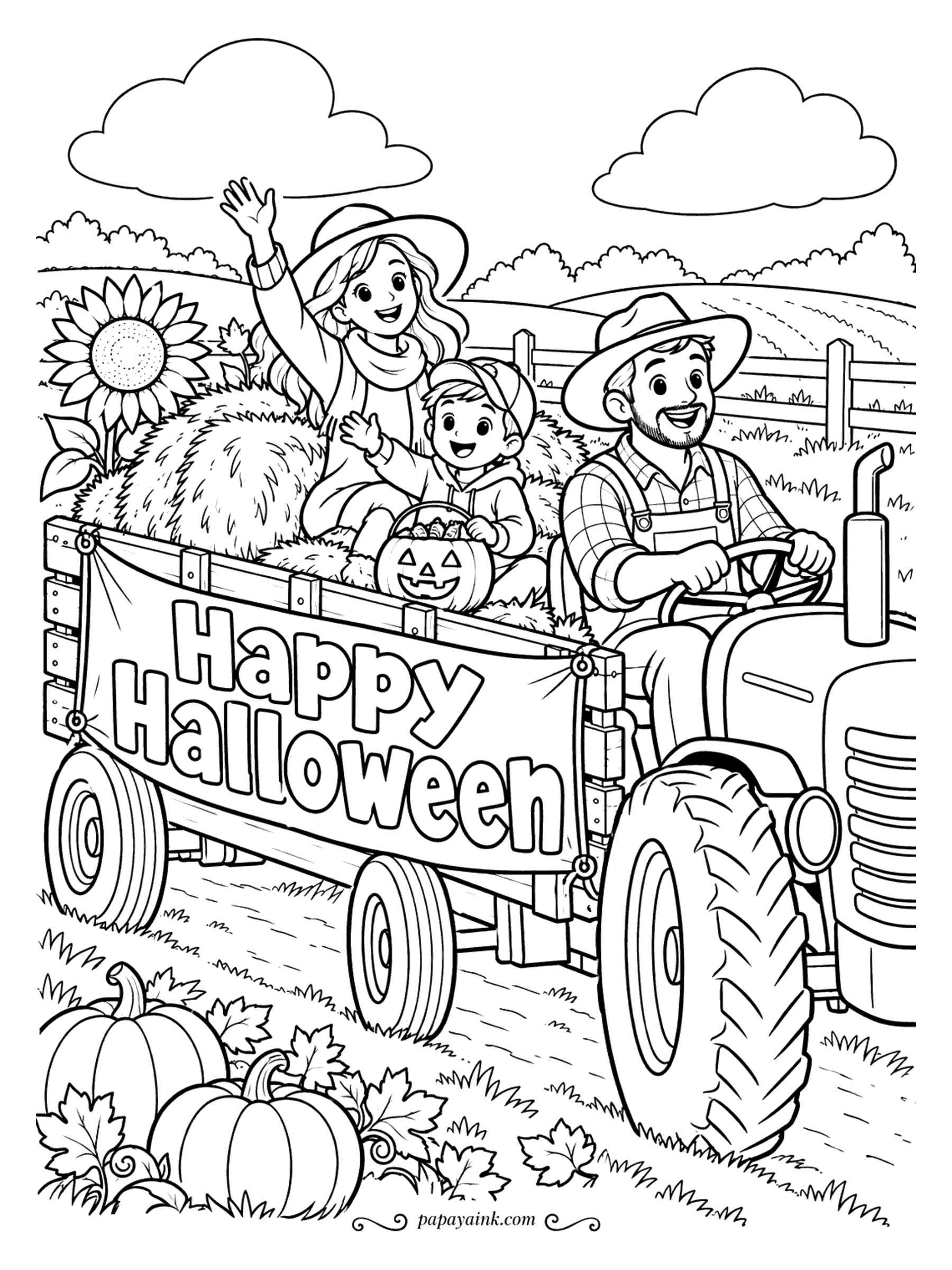 Halloween Coloring Pages - Hayride at the farm: Dad drives the tractor, Mom waves from the hay bales, and a small passenger hugs a bucket of candy. Give the big tire its own dark shade and the hay a warm straw yellow.