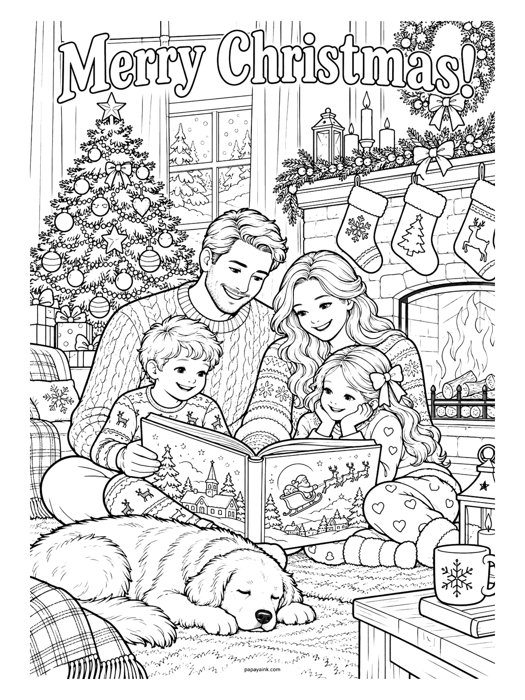 Merry Christmas Coloring Pages - A family reads a Christmas storybook together by the fireplace, with stockings on the mantel and a golden retriever asleep at their feet. Detailed