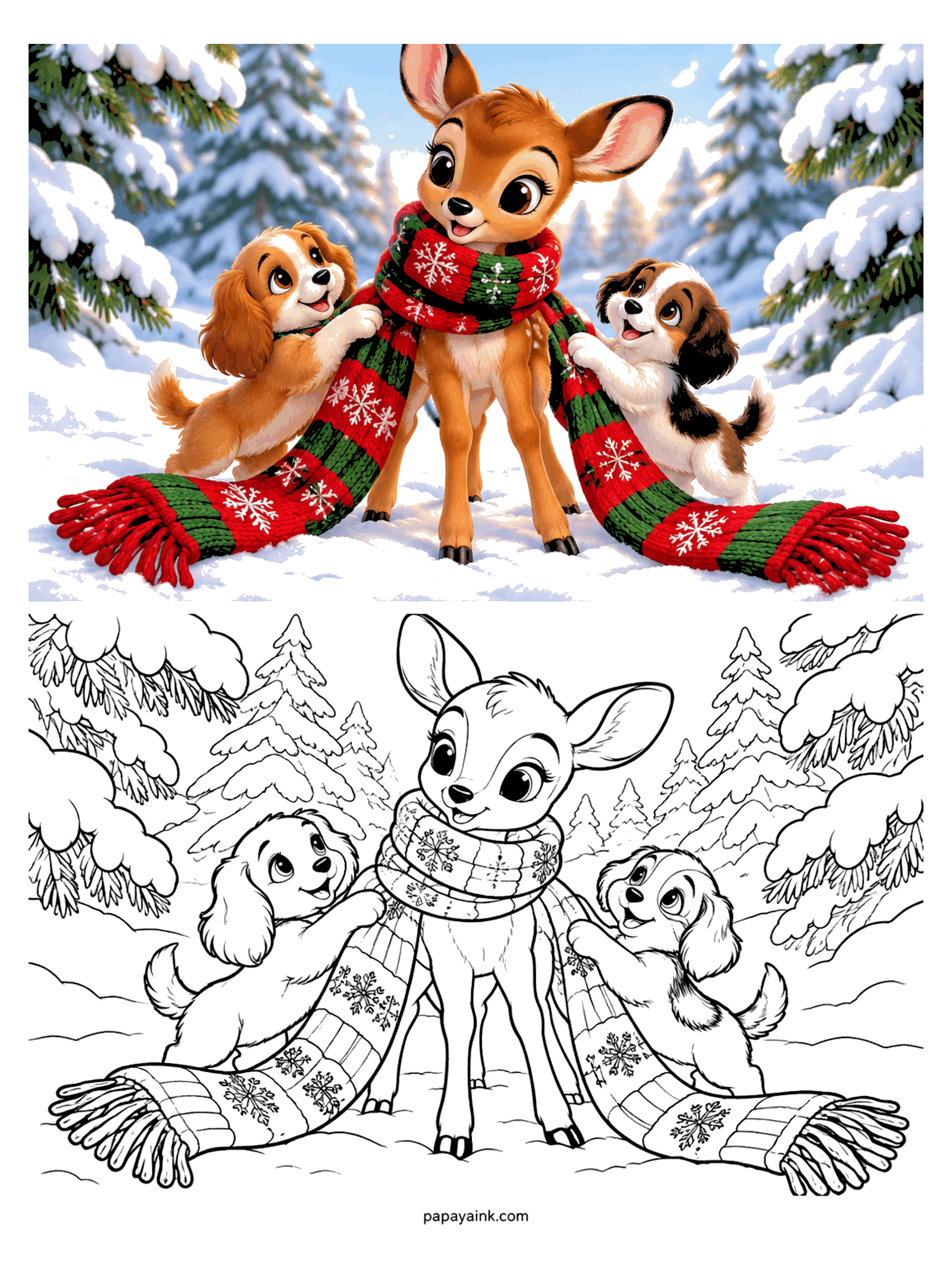 Cute Christmas Coloring Pages - A fawn and two spaniel puppies share one extra-long striped scarf in the snow.