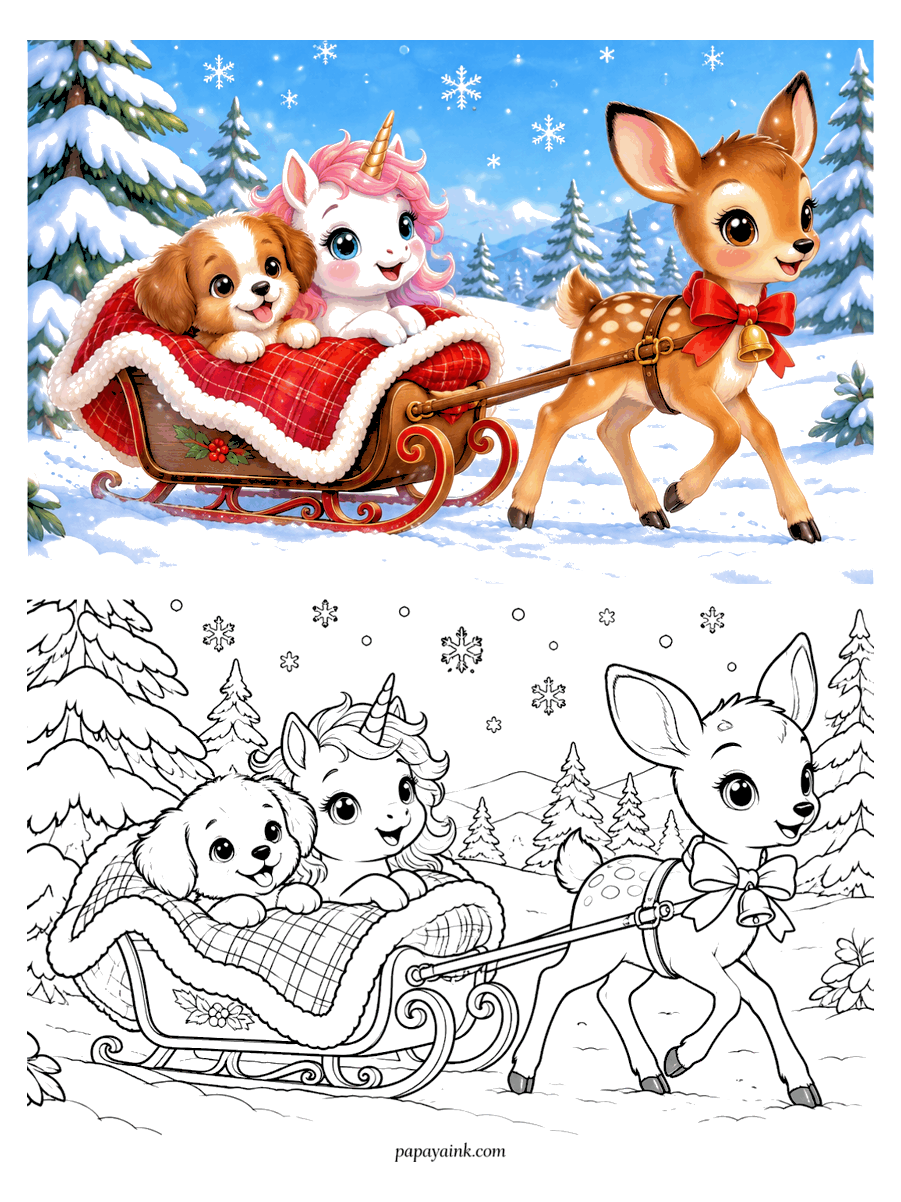 Cute Christmas Coloring Pages - A fawn with a red bow and bell pulls a sleigh carrying a puppy and a pink-maned unicorn through the snow.