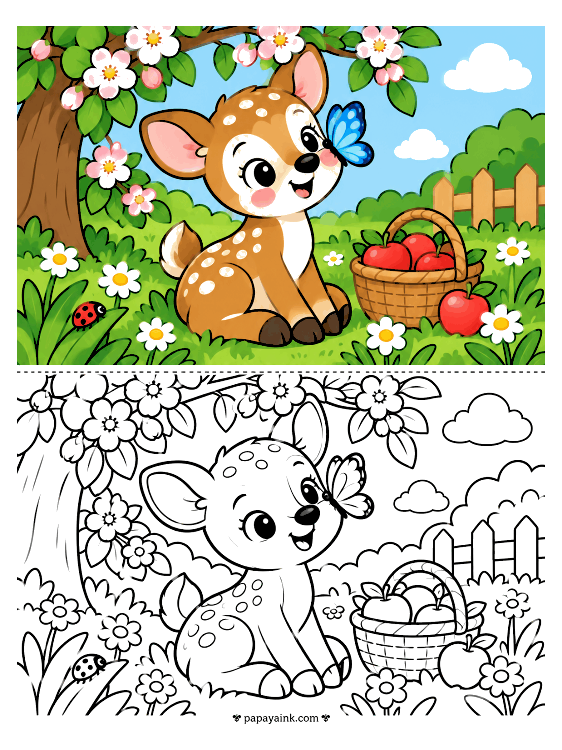 Copy Coloring Pages - Copy coloring page of a fawn with a butterfly on its nose under a blossoming apple tree (Detailed)
