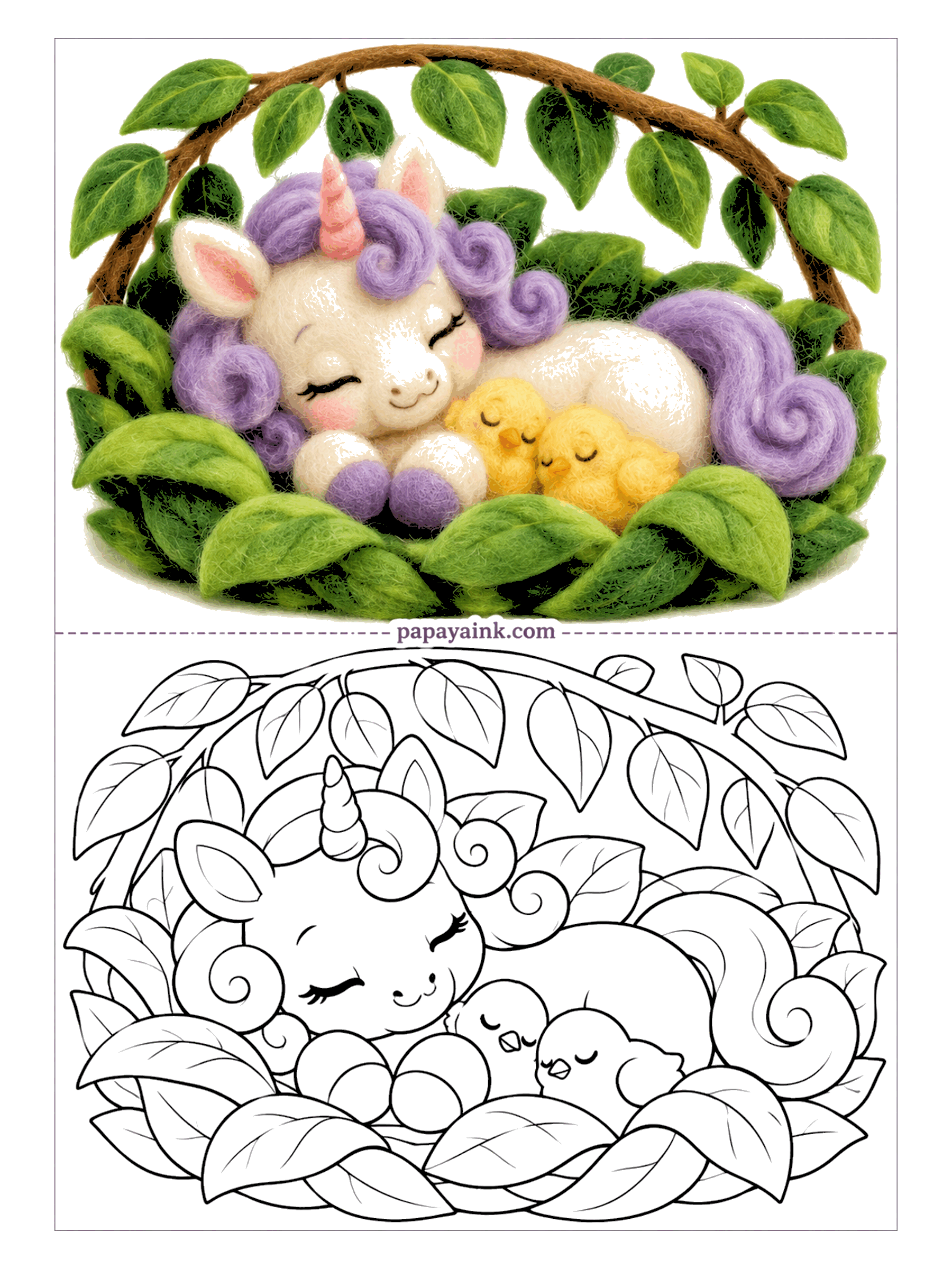 Cute Unicorn Coloring Pages - Shh. Under an arch of leaves, a woolly unicorn sleeps curled around two chicks, all three with their eyes shut. Soft purples and yellows fit the mood, and the leaves can take every green you own.