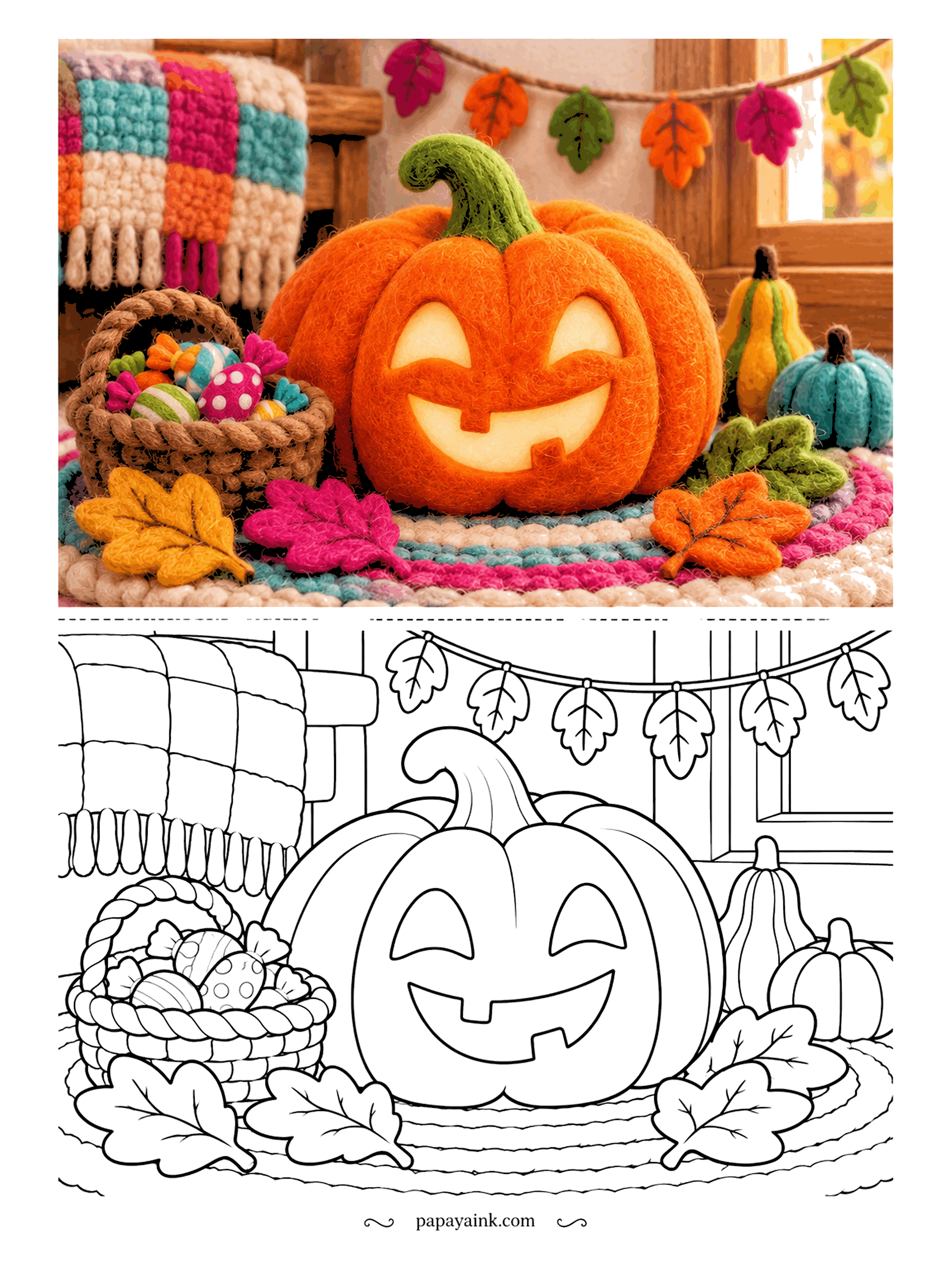 Pumpkin Coloring Pages - Soft enough to hug, if jack-o'-lanterns allowed it. This needle-felted pumpkin rests on a braided rug next to a basket of candy, a striped gourd and a garland of wool leaves. Fuzzy textures suit soft pencils.