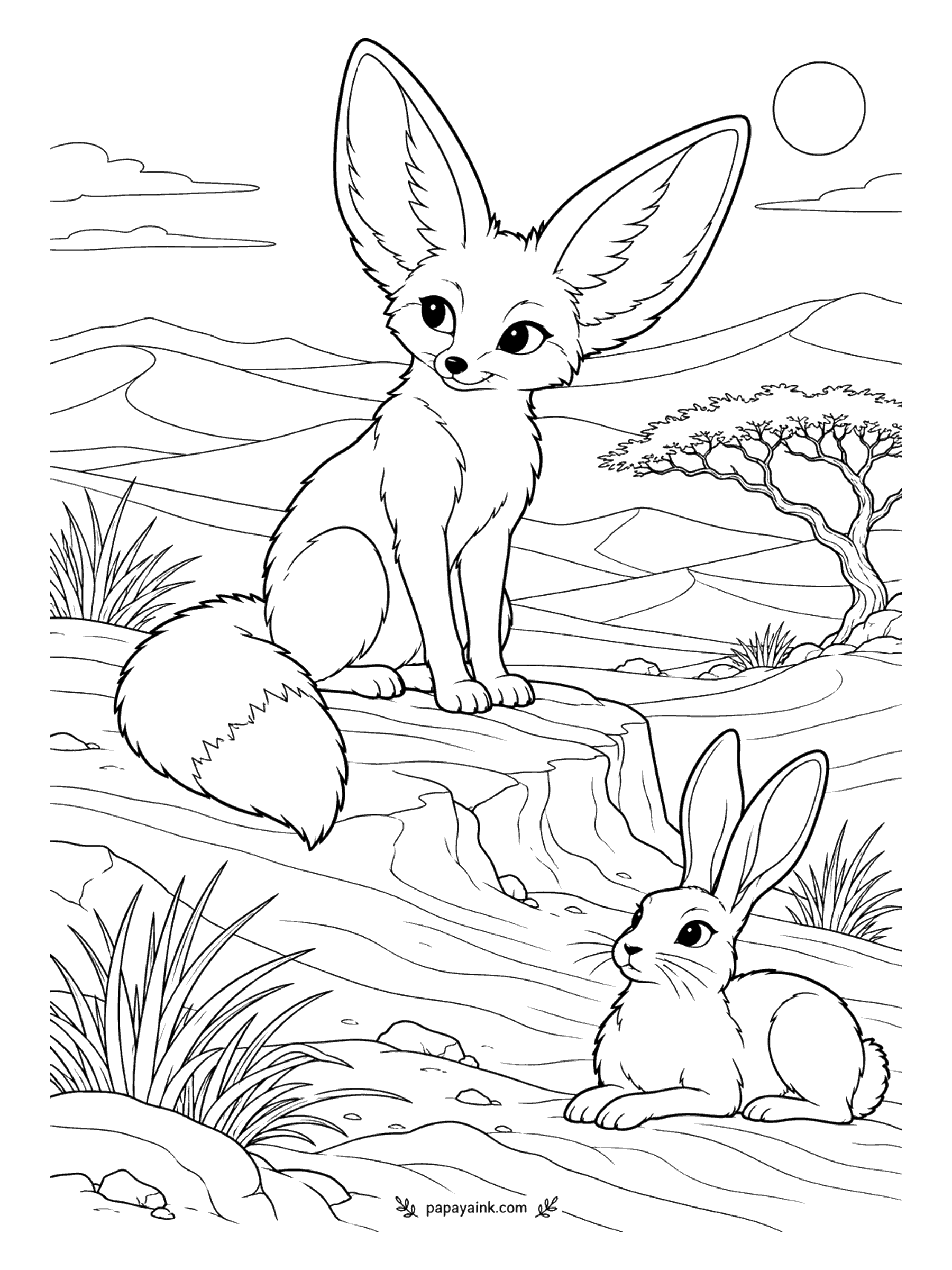 Fox Coloring Pages - Wind has combed the dunes into neat ripples, and a fennec fox sits on a rock above them as if it owns the view. Down below, a desert hare decides that holding very still is the best plan. Wide open sand - an easy, relaxing page.