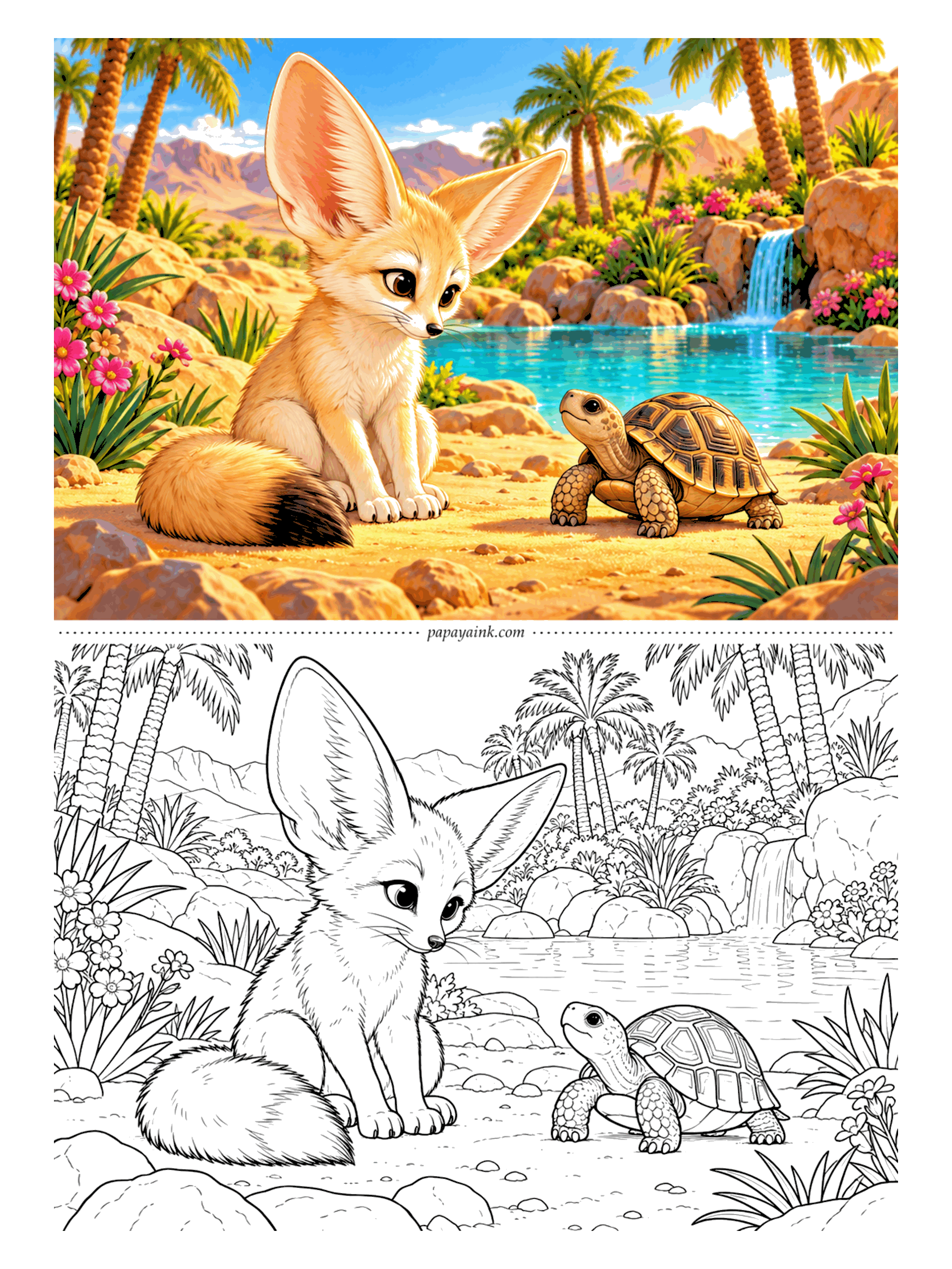 Fox Coloring Pages - Fennec foxes can go a long time without drinking, so this one came to the oasis mostly for the company. The tortoise is taking its time saying hello. Palms, a small waterfall and desert blooms - big ears, big open shapes.