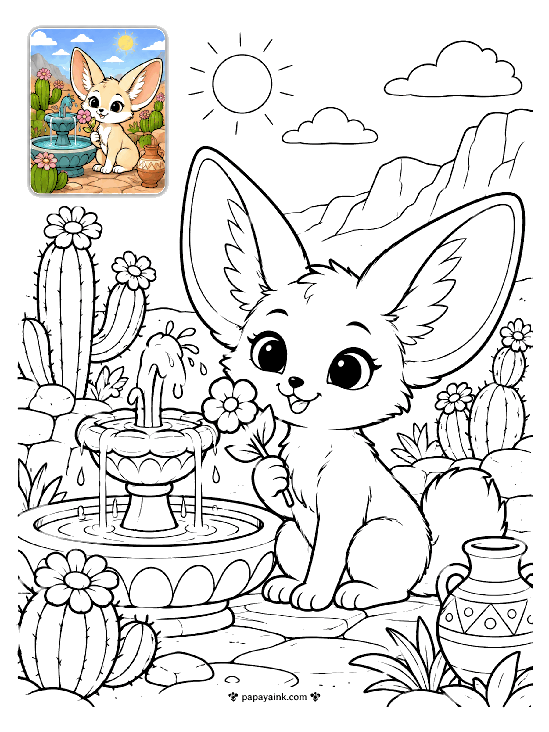 Color Guide Coloring Pages - Color guide coloring page of a fennec fox holding a flower beside a desert fountain, cacti and a clay jug (Detailed)