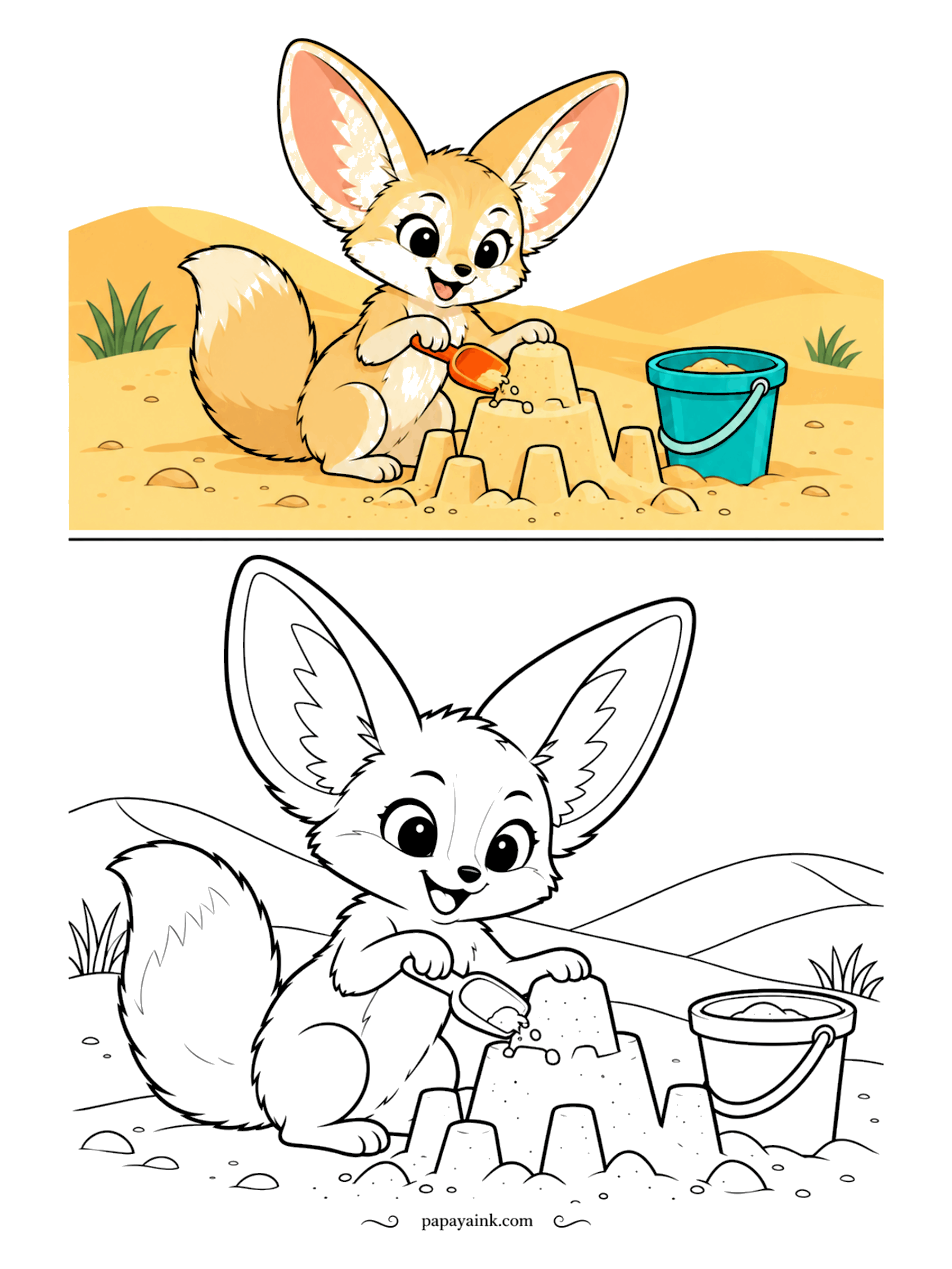 Copy Coloring Pages - Busy with a spade and bucket, the fennec fox is building a sandcastle - and those ears, the biggest for its size of any fox, help shed desert heat. Sandy cream coat, pink inside the ears, a turquoise bucket for contrast.