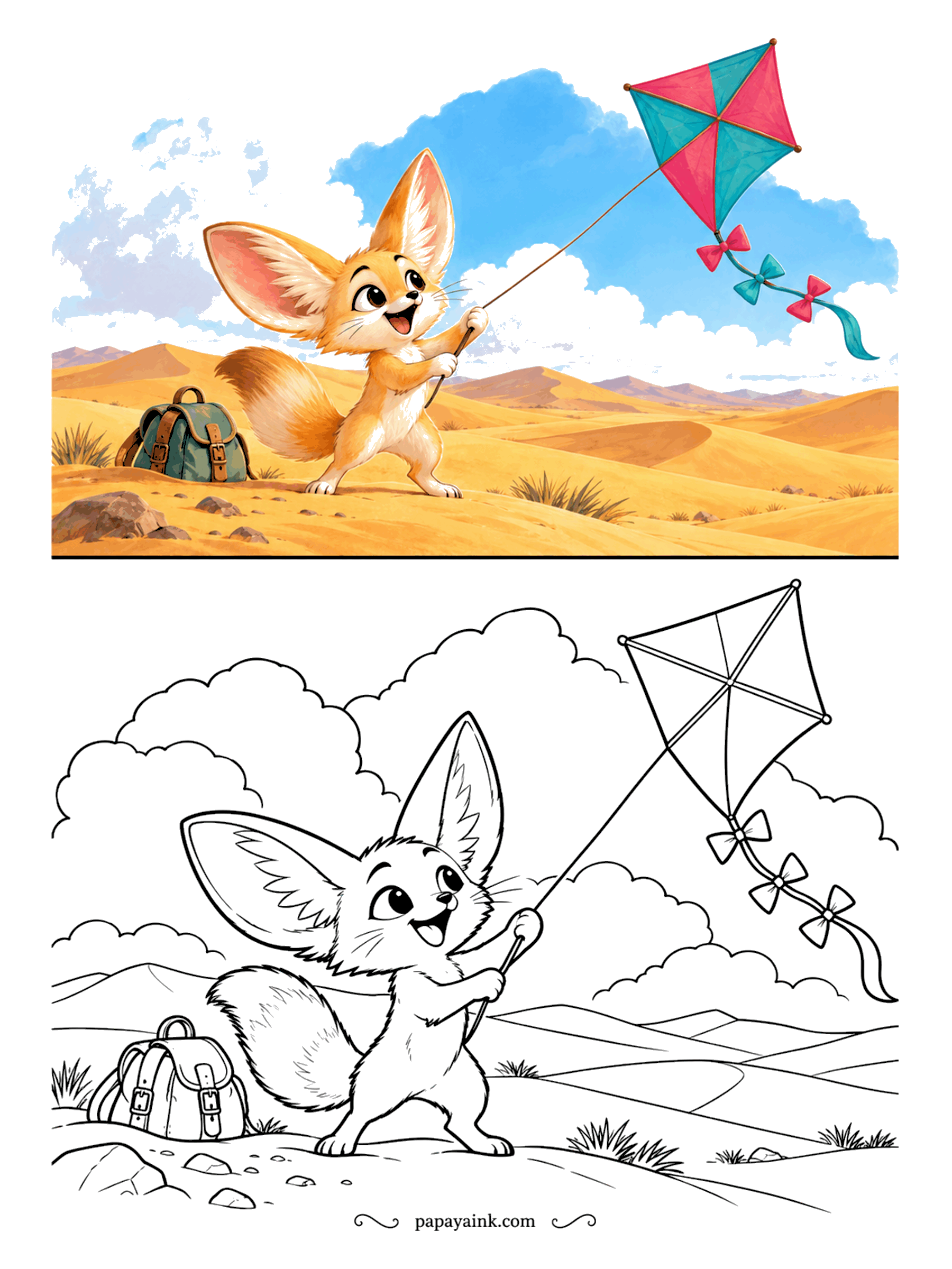 Copy Coloring Pages - Desert wind is good for one thing: kites. The fennec fox braces against the gust with the string in both paws, a backpack dropped on the sand. Paint the sky a deep blue so the kite and those huge ears stand out.