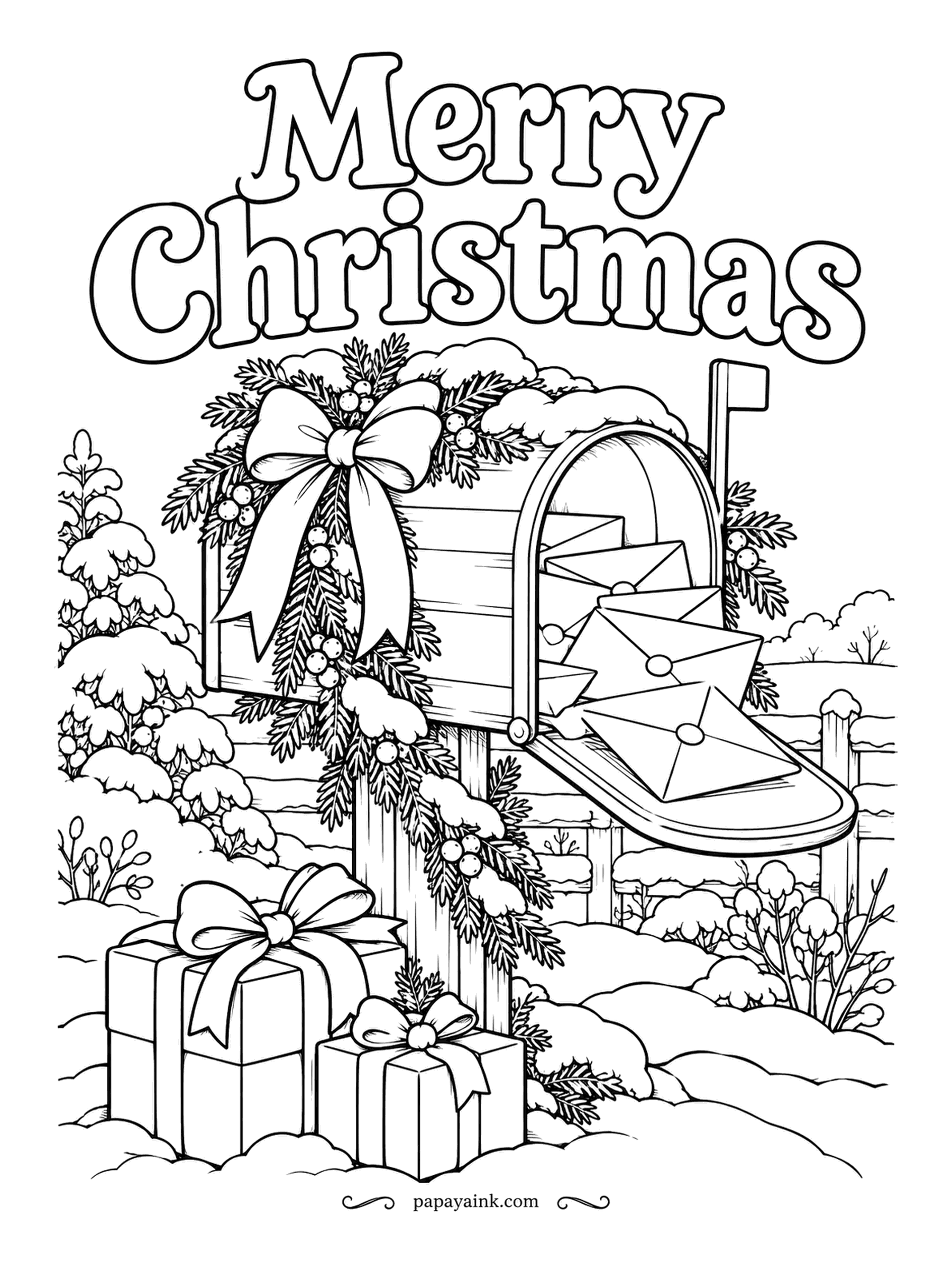 Merry Christmas Coloring Pages - This mailbox has given up closing. Envelopes spill out under a fir swag and a wide ribbon, and two presents sit in the snow below the post. Sealing-wax red on each envelope dot is a nice small touch.