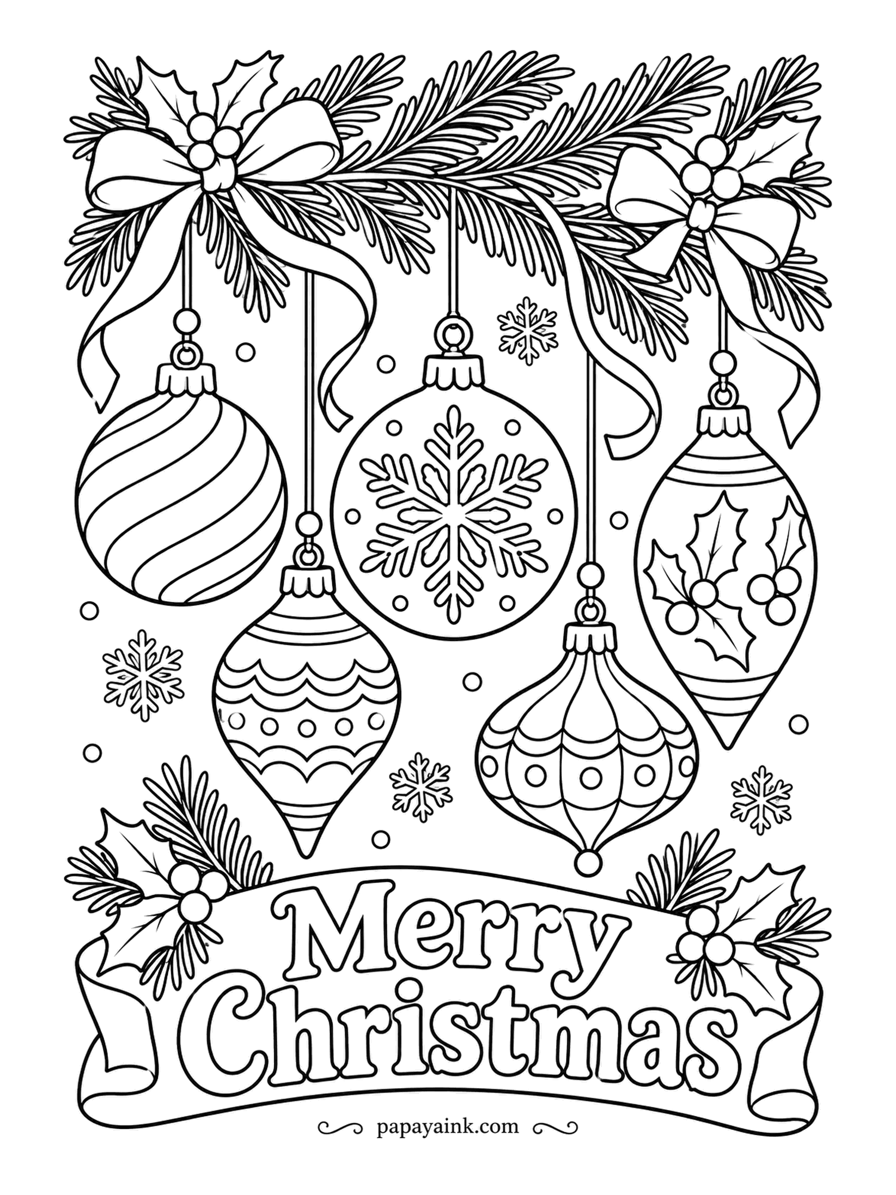 Merry Christmas Coloring Pages - Glass baubles on long ribbons, each with its own pattern: stripes, a snowflake, holly, scallops. Wide shapes and clean bands make this a relaxed one, and a fine place to try metallic pencils or gel pens.