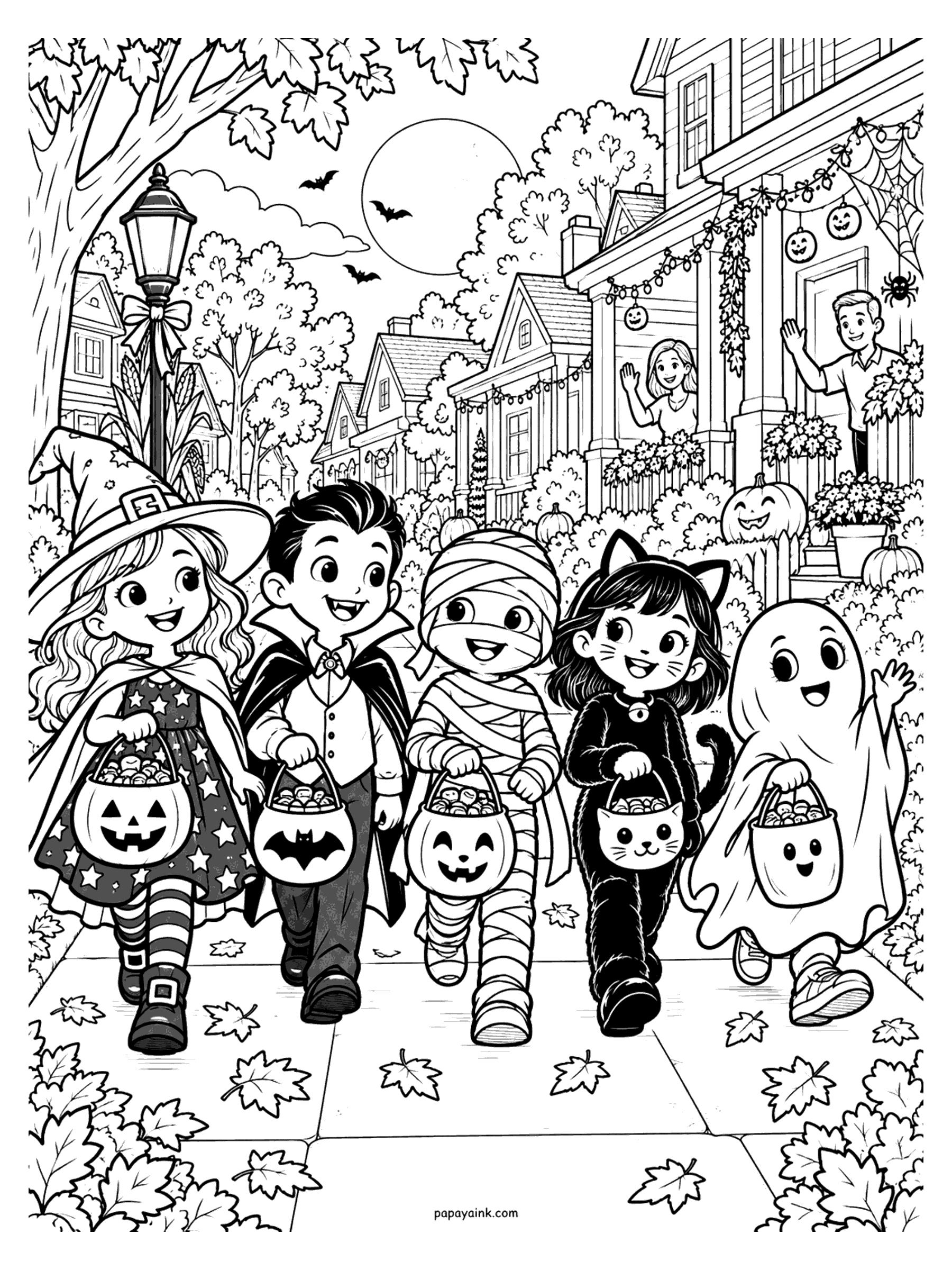 Halloween Coloring Pages - A witch, a vampire, a mummy, a black cat and a ghost march down a leafy sidewalk with candy buckets while neighbors wave from a decorated porch. Detailed