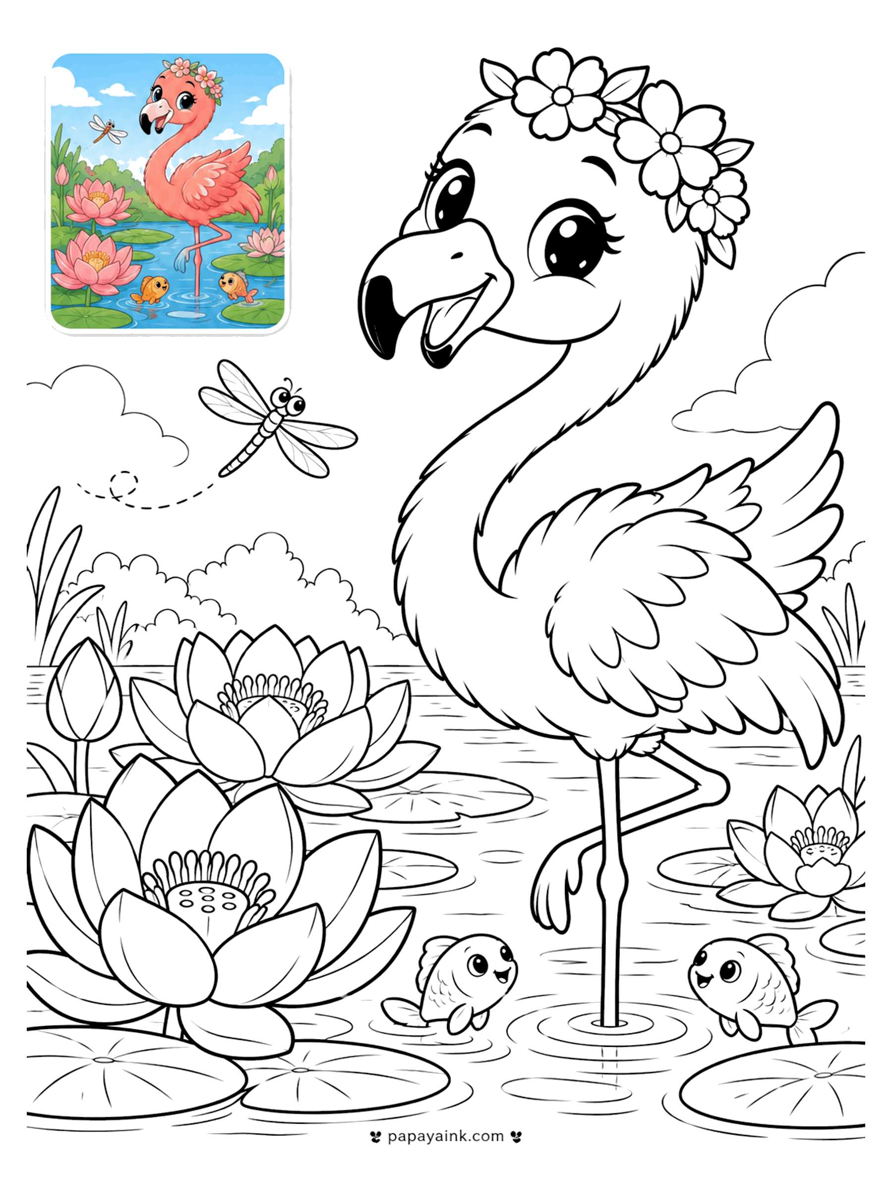 Color Guide Coloring Pages - Color guide coloring page of a flamingo in a flower crown standing among lotus blossoms, with fish and a dragonfly (Detailed)