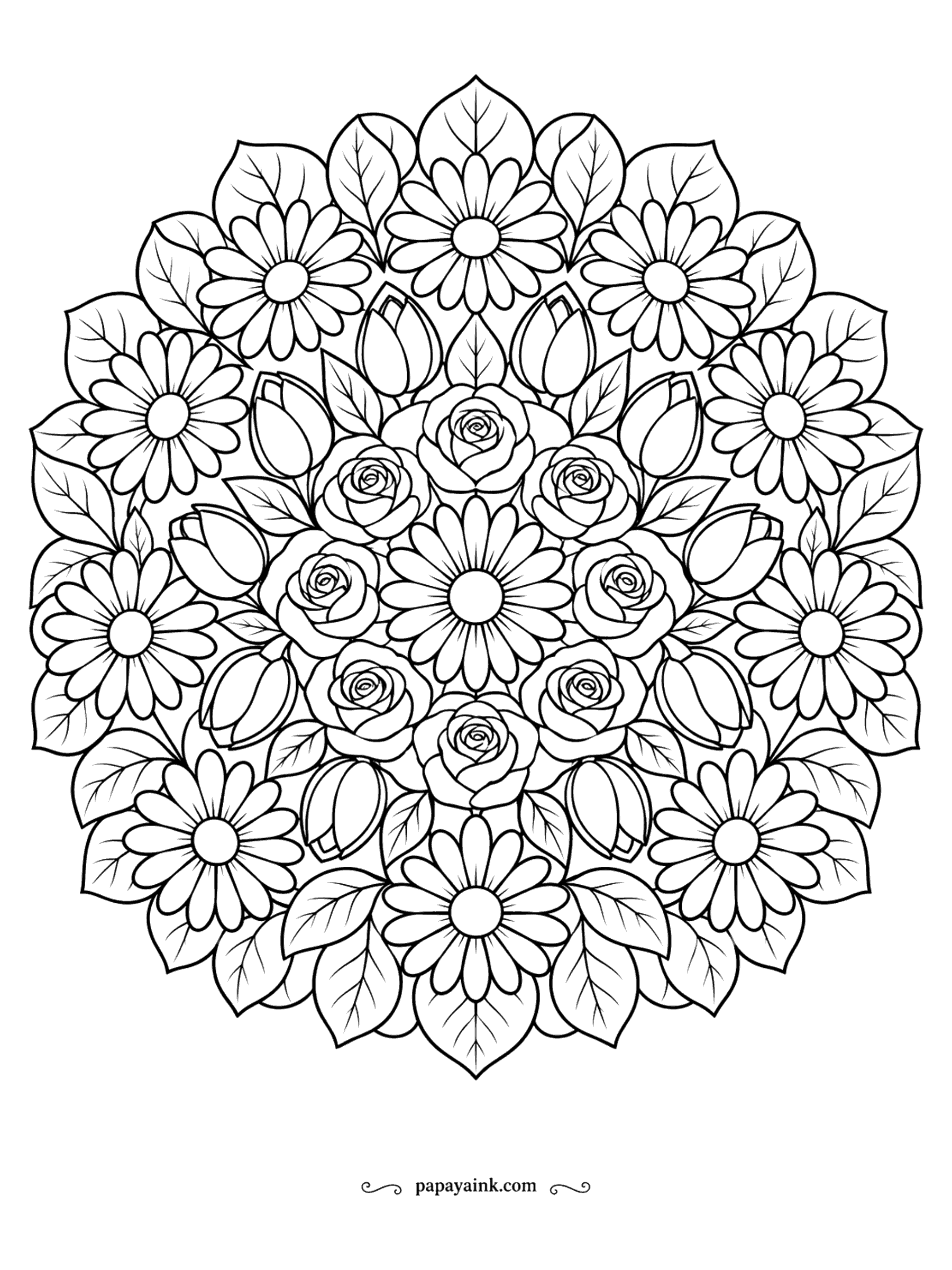 Flower Coloring Pages - A round mandala made only of flowers - daisies, roses and tulip buds packed in rings around a central bloom. Work from the middle outward one ring at a time, repeating colors around each ring for a balanced finish.