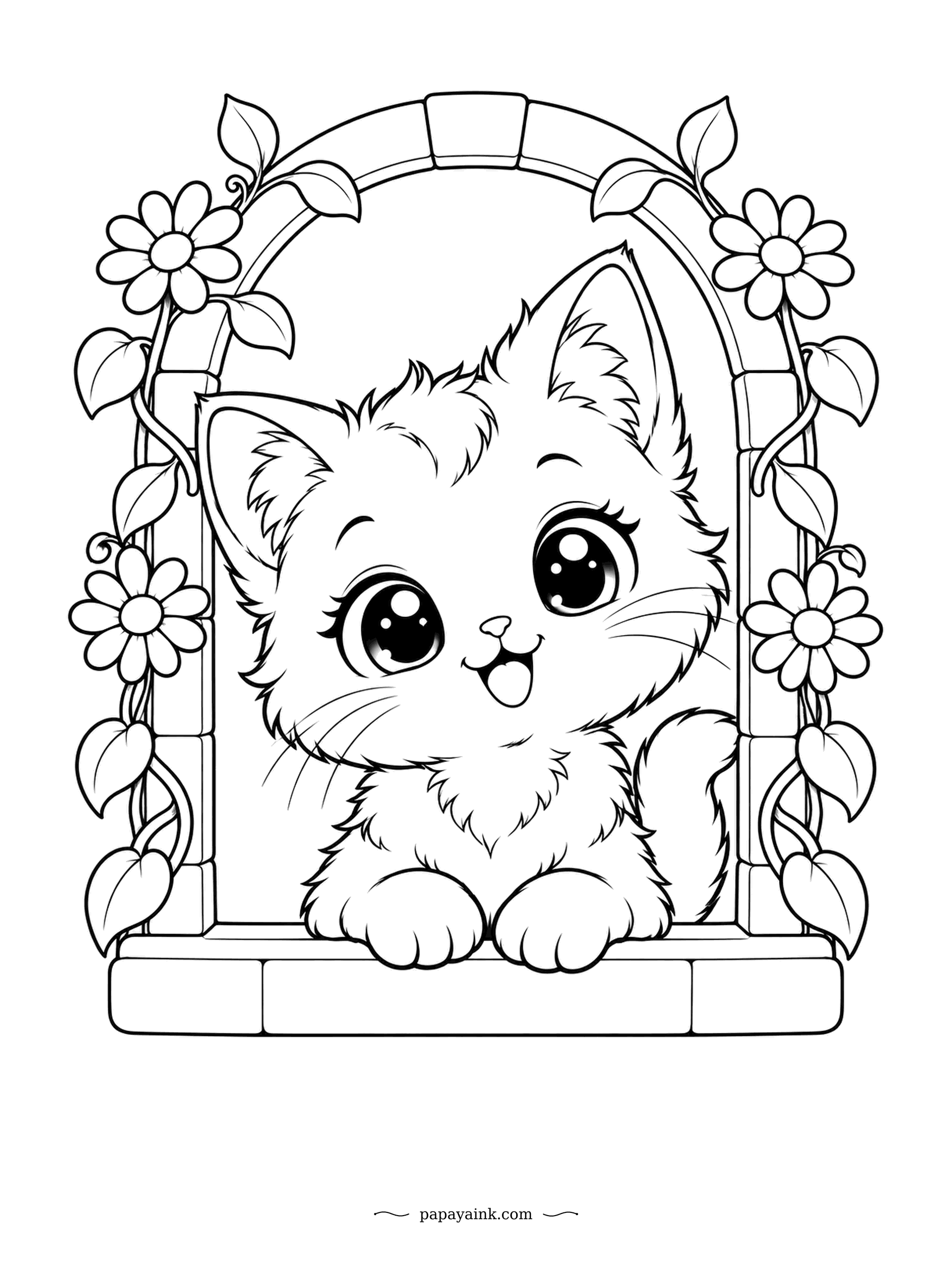 Kawaii Cat Coloring Pages - Framed by a brick arch twined with daisies and ivy, a kitten pops up in the window to say hello. Big eyes, a wide grin and nothing else in the way. Clear bold outlines - one of the quickest pages here.