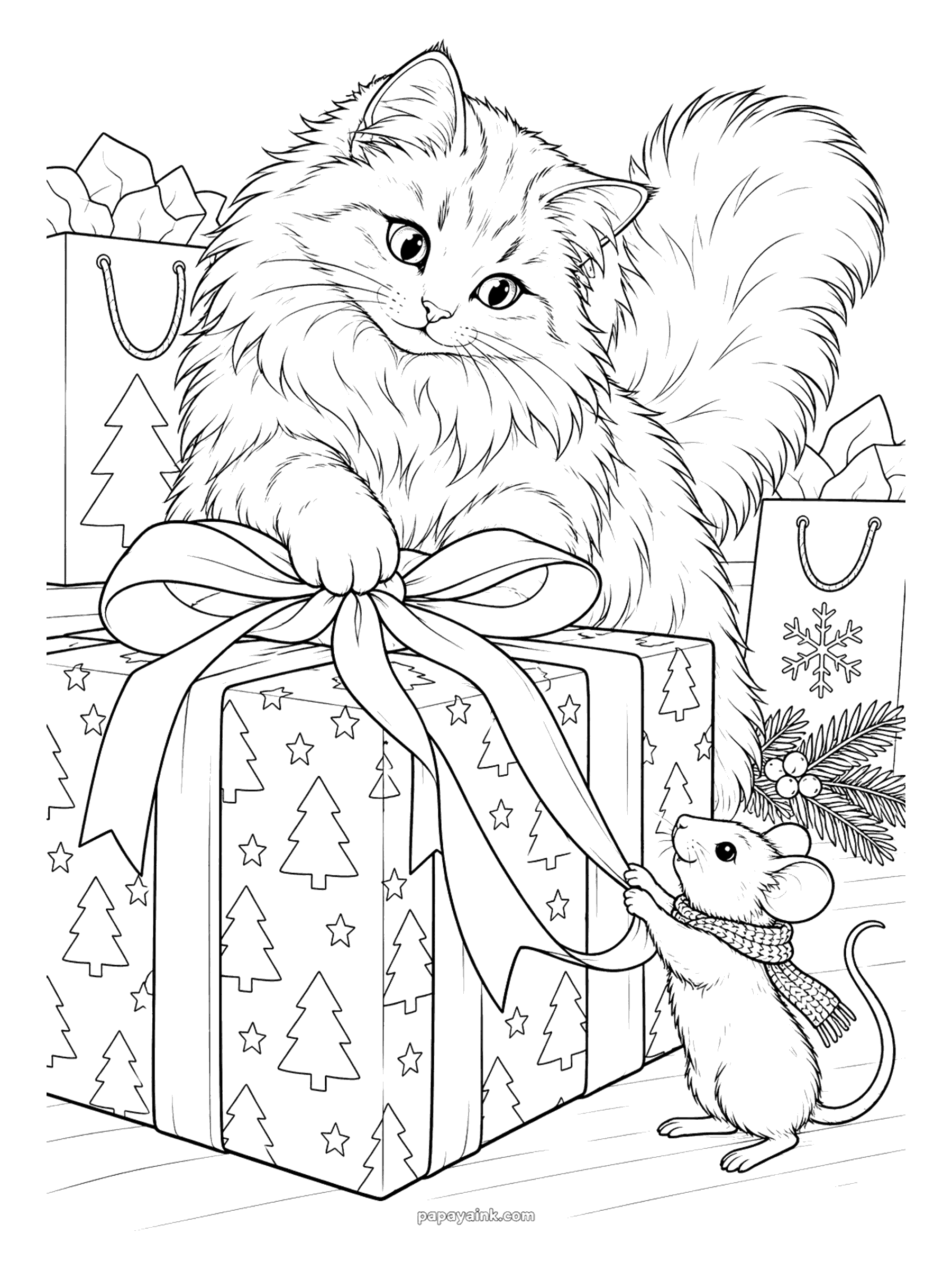 Christmas Cat Coloring Pages - A fluffy long-haired cat perches on a huge wrapped Christmas gift while a little mouse in a knitted scarf tugs at the ribbon; gift bags with stars and snowflakes fill the corners.