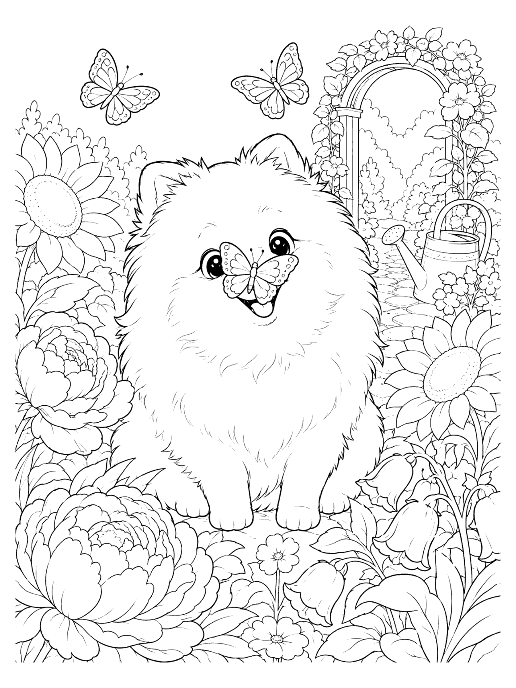 Puppy Coloring Pages - Fluffy Pomeranian Puppy Coloring Page: Butterfly on the Nose in a Flower Garden (Detailed)