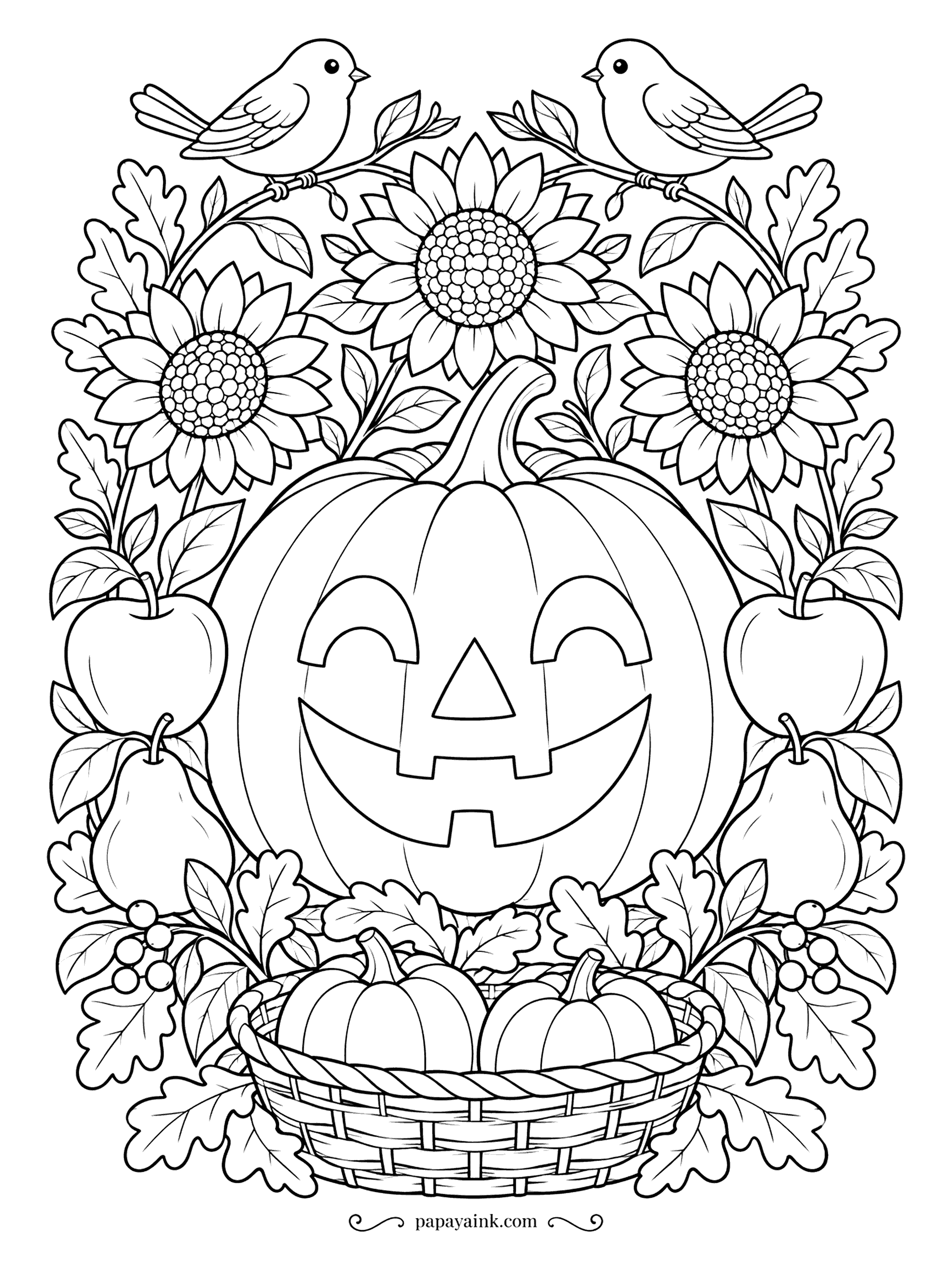Pumpkin Coloring Pages - Sunflowers, apples, pears and oak leaves form a folk-style harvest wreath around a grinning jack-o'-lantern, with two birds on top and a basket of little pumpkins below. Mirror the colors side to side for a classic folk look.