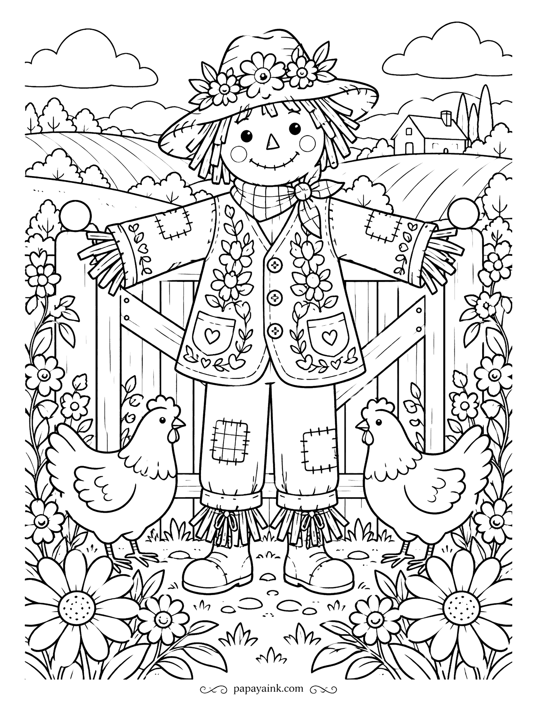 Scarecrow Coloring Pages - Embroidered hearts and vines cover the scarecrow's vest, the way grandmothers once decorated Sunday clothes. He stands at the farm gate between two hens, with daisies at his boots and striped fields beyond.
