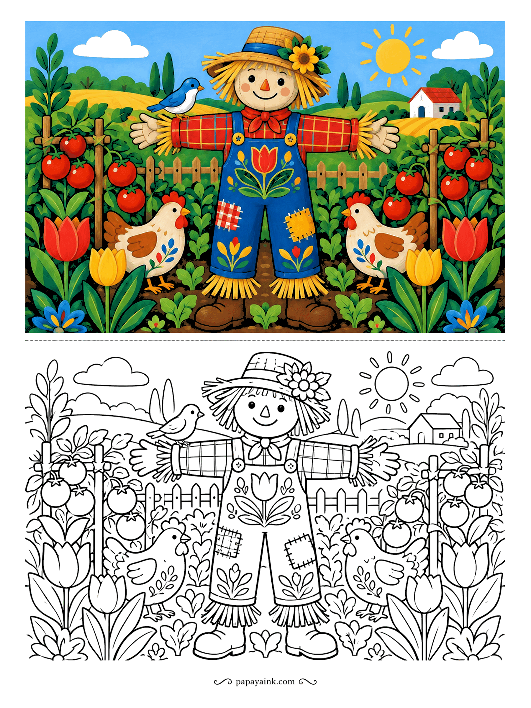 Scarecrow Coloring Pages - Folk art rules: everything symmetrical, nothing in shadow. A painted tulip blooms on the scarecrow's bib, two patterned hens guard the tulip bed and tomato vines climb on either side. Strong primary colors work best. Detailed.