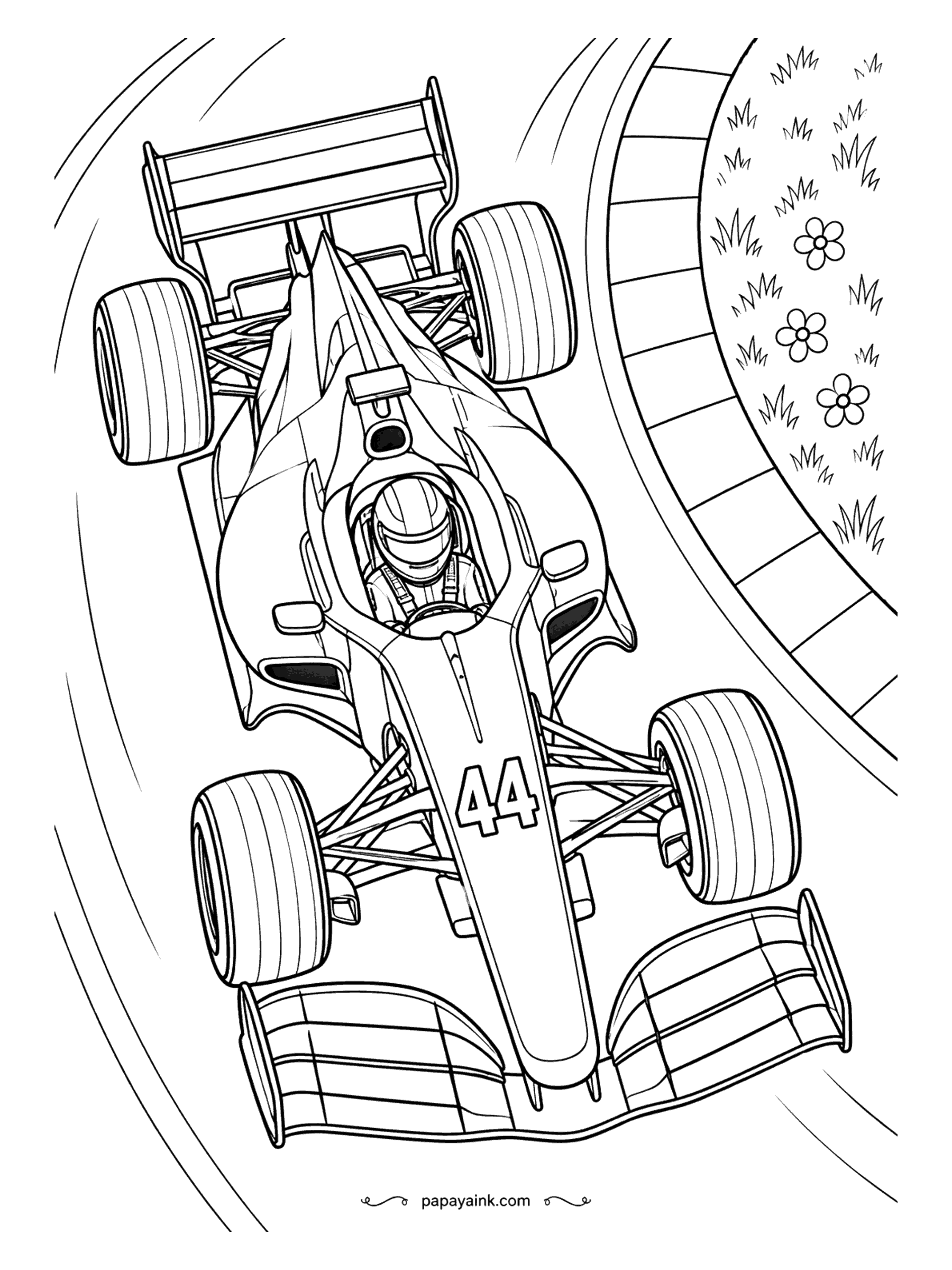 Race Car Coloring Pages - A bird's-eye view, straight down into the cockpit. From up here the formula car is all wings and wheels, the driver's helmet in the middle and a flowerbed along the curb. Symmetrical - color one side, then mirror it.