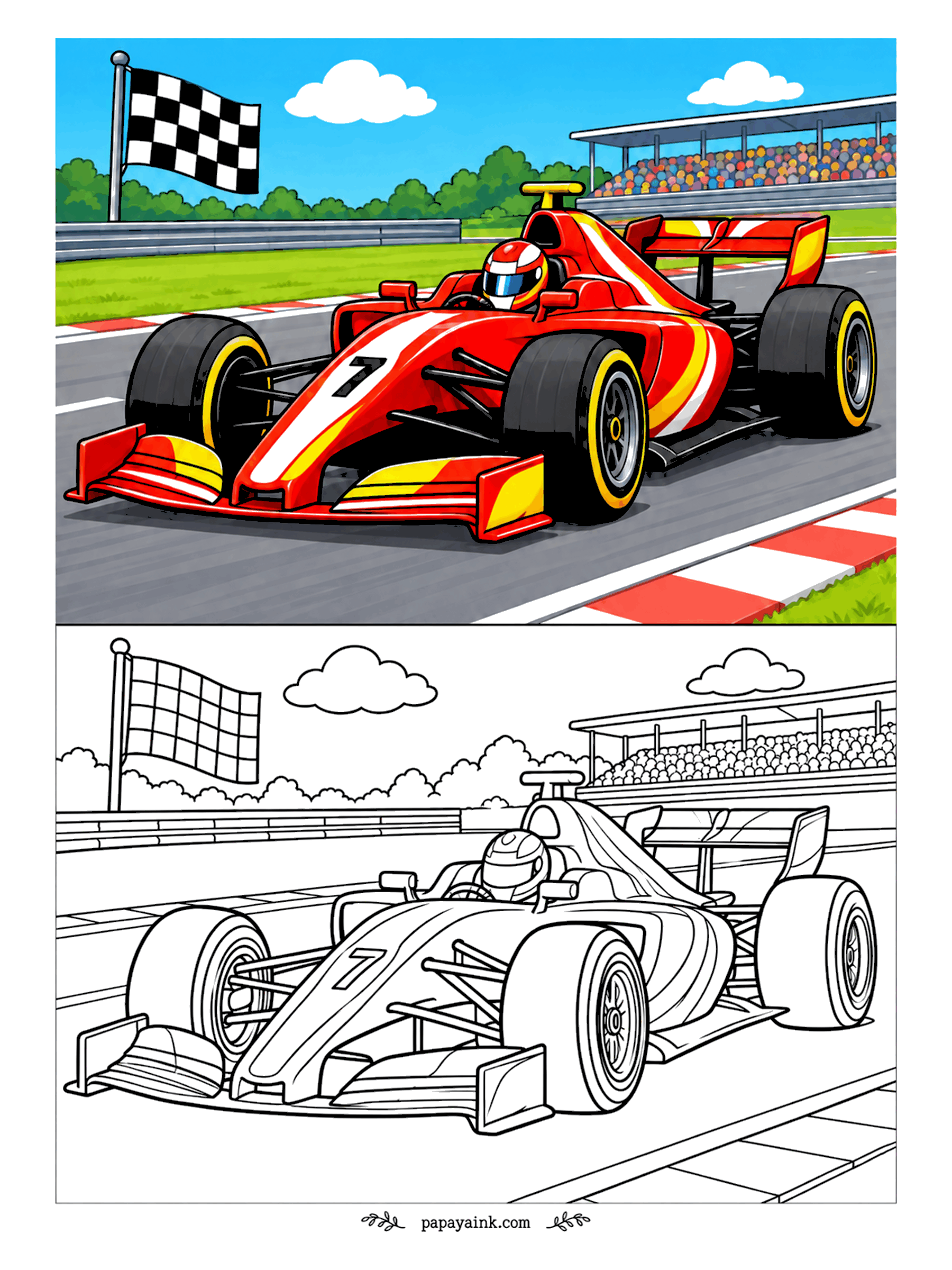 Race Car Coloring Pages - Lap complete, checkered flag up. The red formula car wearing a 7 sweeps past the grandstand over red-and-white curbs, front wing low and yellow-striped tires gleaming. Open shapes, few details - a relaxed page to warm up on.