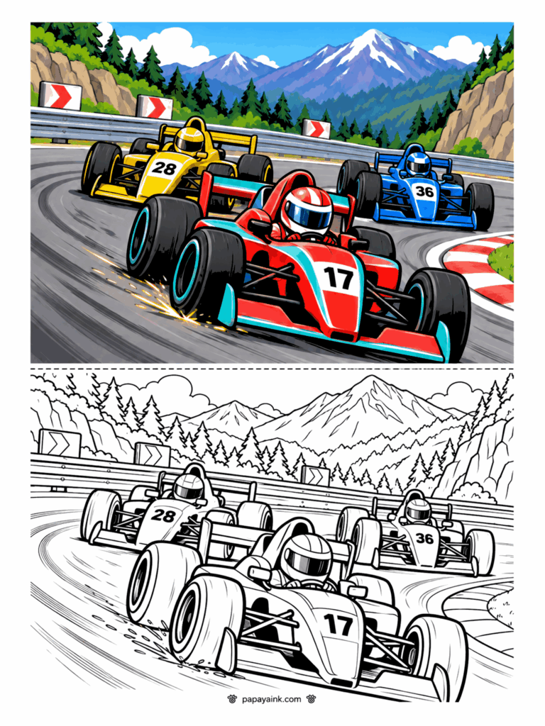 Race Car Coloring Pages - Three open-wheel formula race cars battling through a mountain circuit turn with sparks flying. Detailed