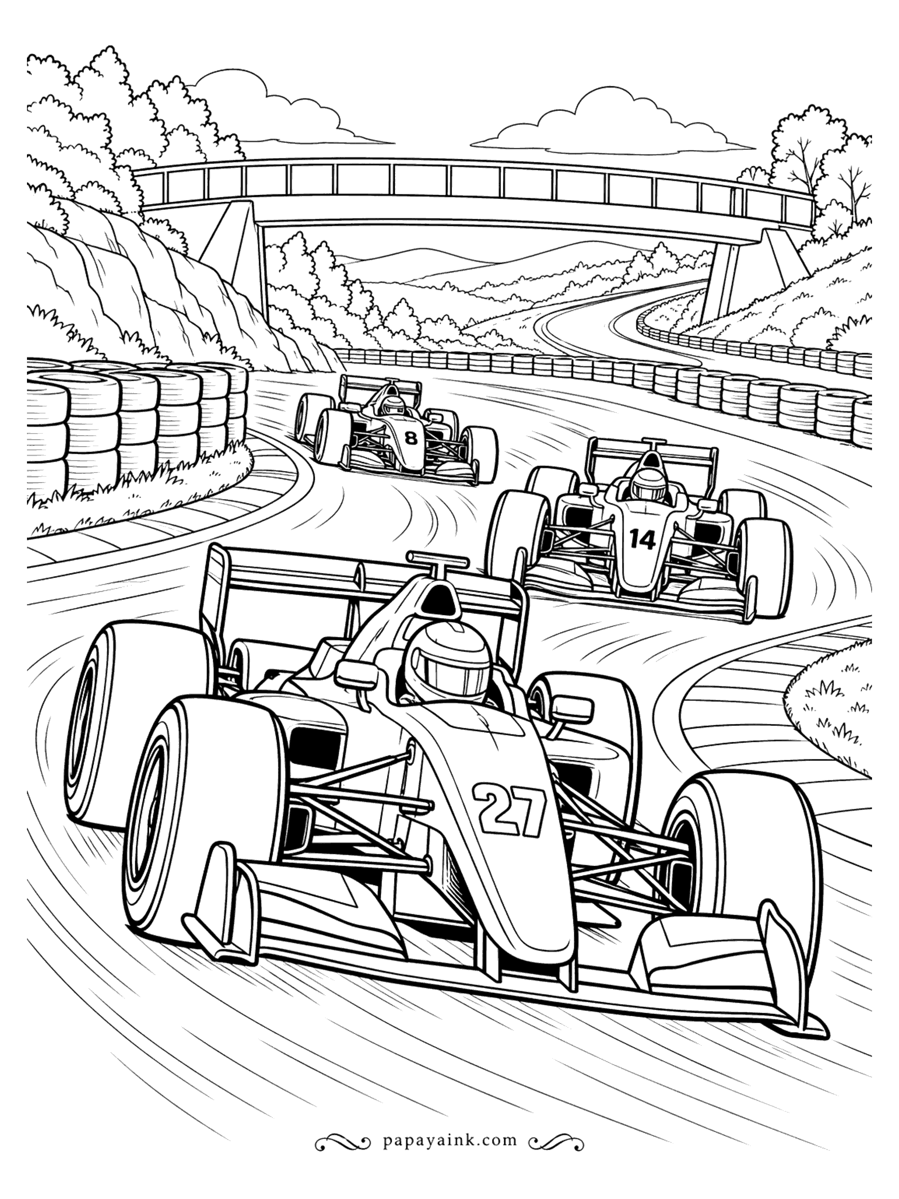 Race Car Coloring Pages - Three open-wheel formula race cars threading a chicane lined with tire barriers under a track bridge.