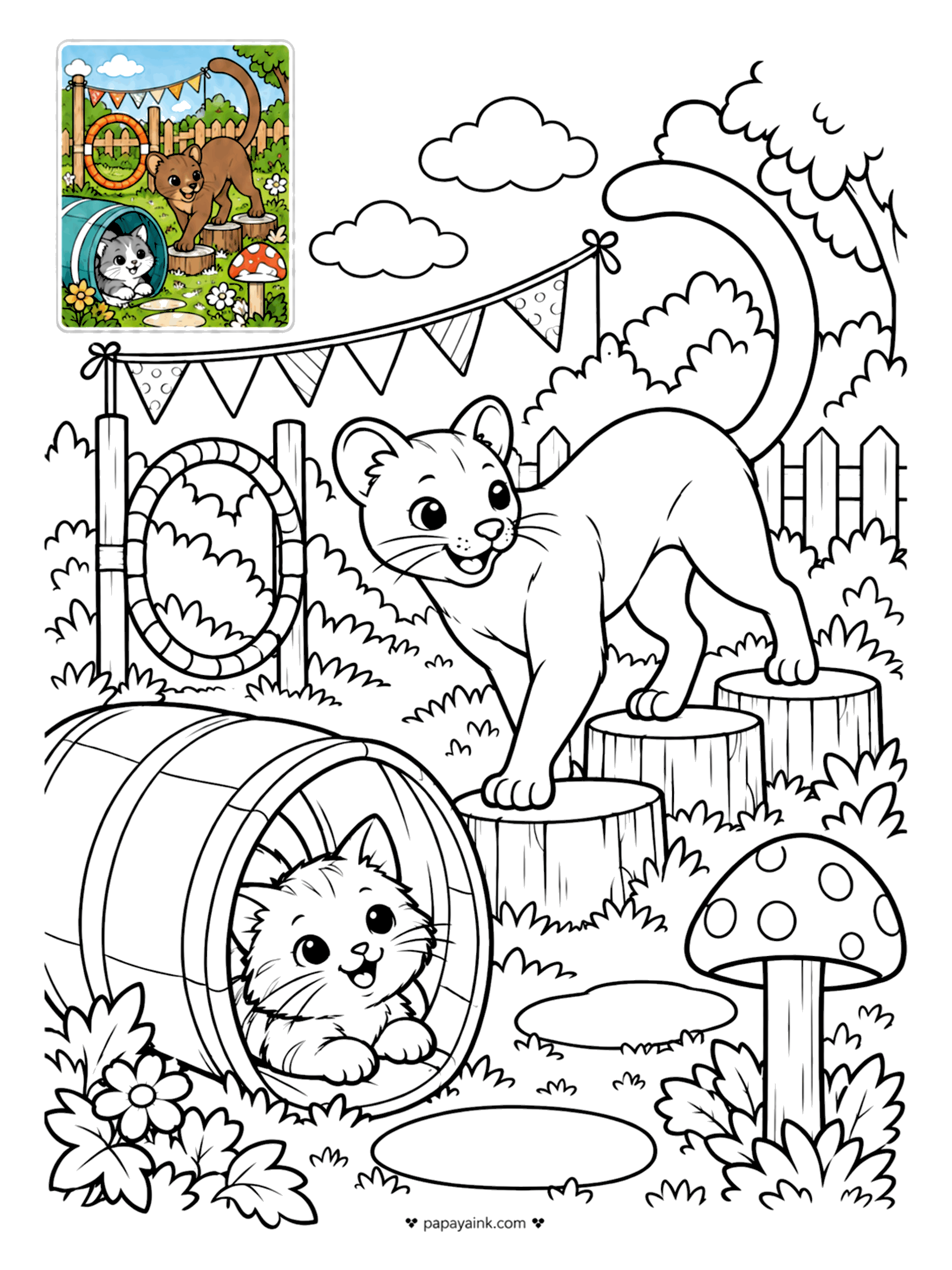 Color Guide Coloring Pages - The fossa is Madagascar's top predator - cat-shaped, though related to mongooses. In this garden it is just running an obstacle course over stumps and hoops while a kitten peeks out of a barrel. Bunting, toadstool, lots of leaves.