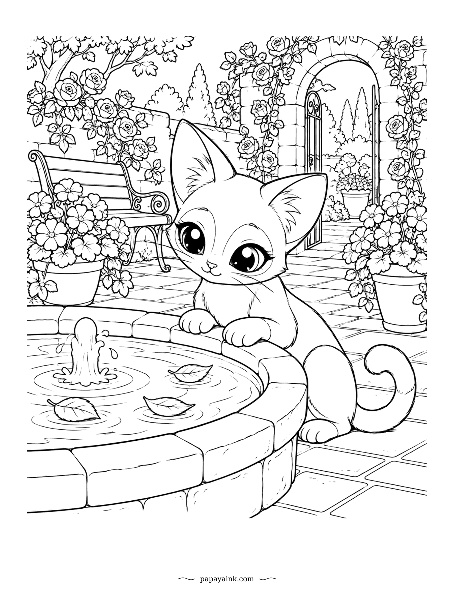 Kawaii Cat Coloring Pages - Leaves are floating in the garden fountain, and the cat leans over the rim to pat them as they drift by. Roses climb the stone wall and an iron gate stands open behind. Leave the water pale and let the roses carry the color.