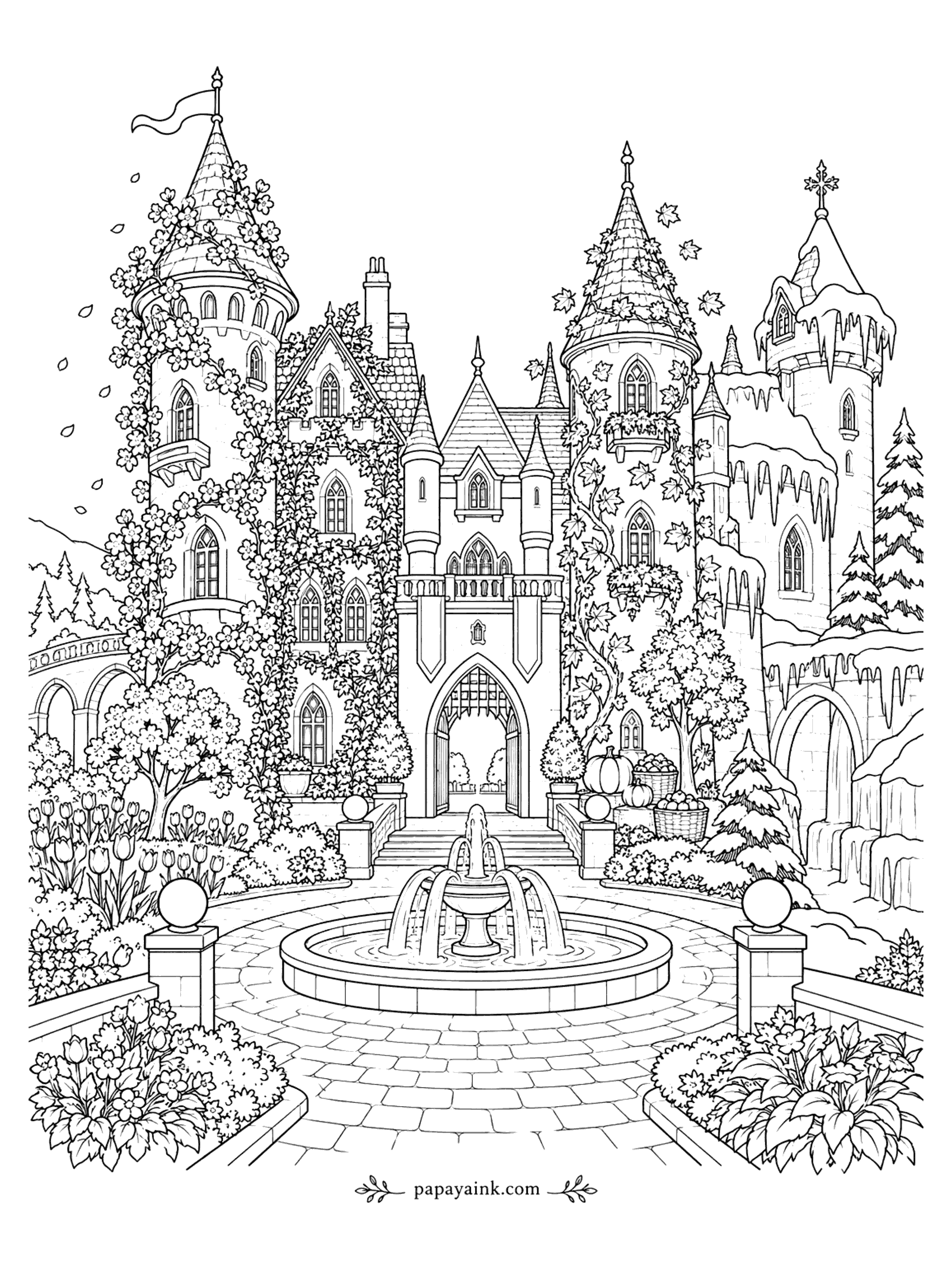 Castle Coloring Pages - Castle where each tower shows a different season, from spring blossoms to icicles, with a fountain and tulip garden in front. Detailed