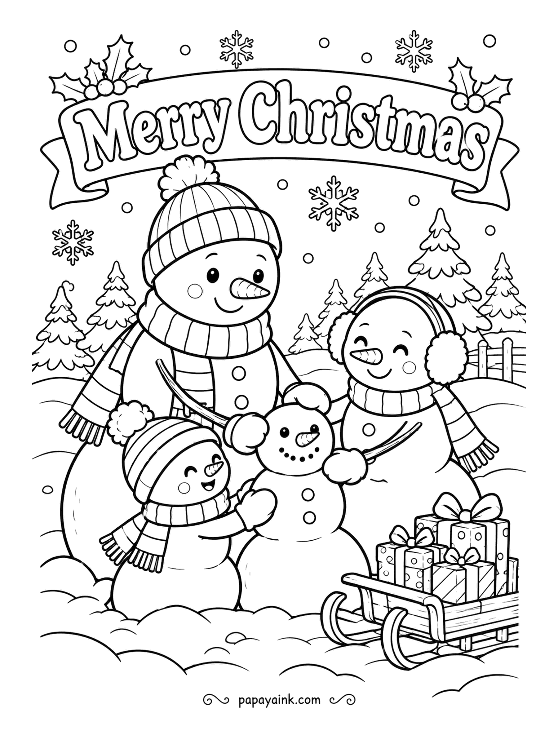 Merry Christmas Coloring Pages - Even snowmen build snowmen. The whole family gathers around the newest member while a sled of presents waits its turn. Scarves and hats carry the color here; a pale blue shadow on one side of each body is enough.