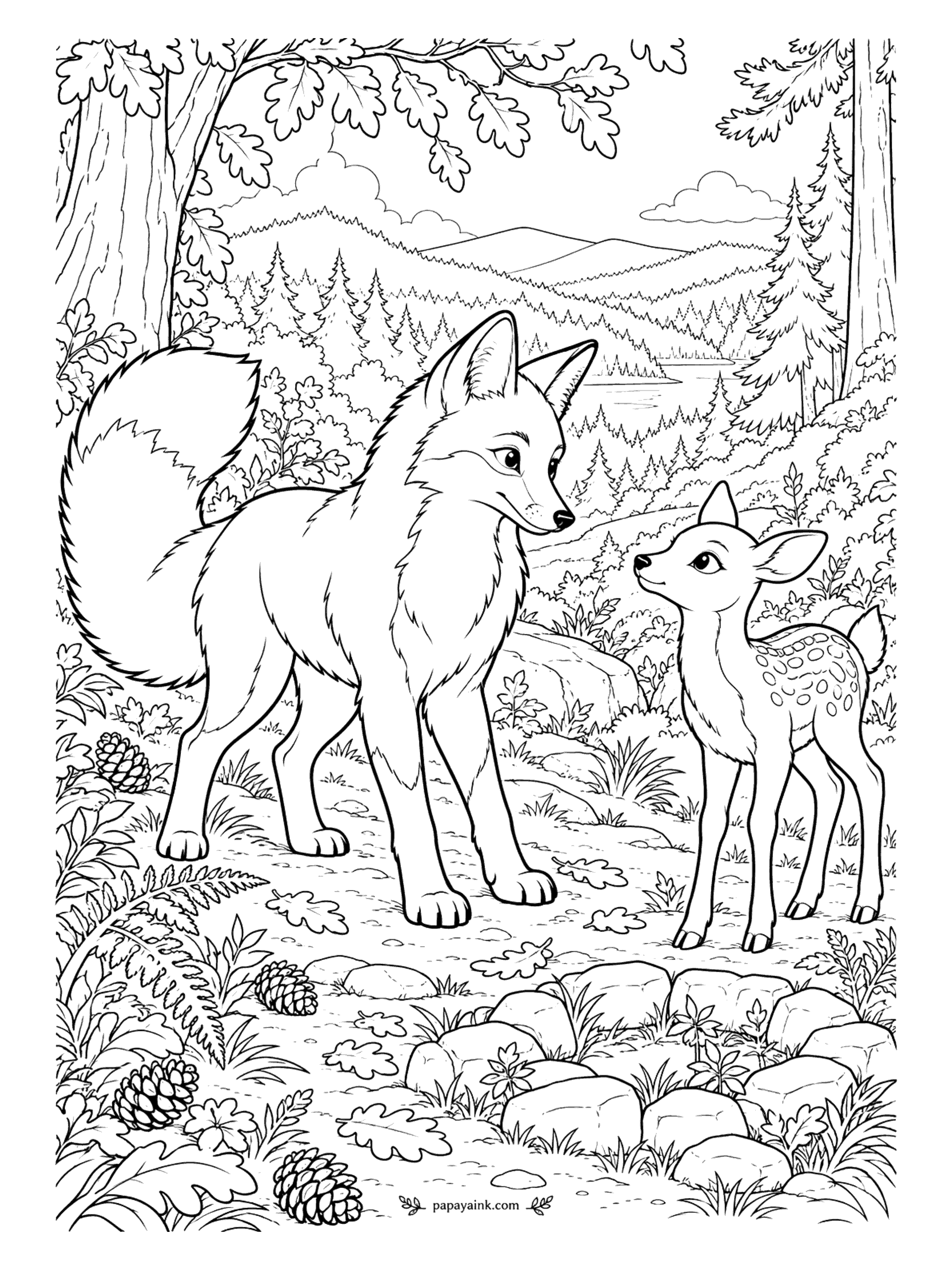 Fox Coloring Pages - A spotted fawn walks right up to a fox inside a ring of old mossy stones, with the kind of trust only the very young can afford. Pinecones, ferns and a far-off lake behind them. Detailed.