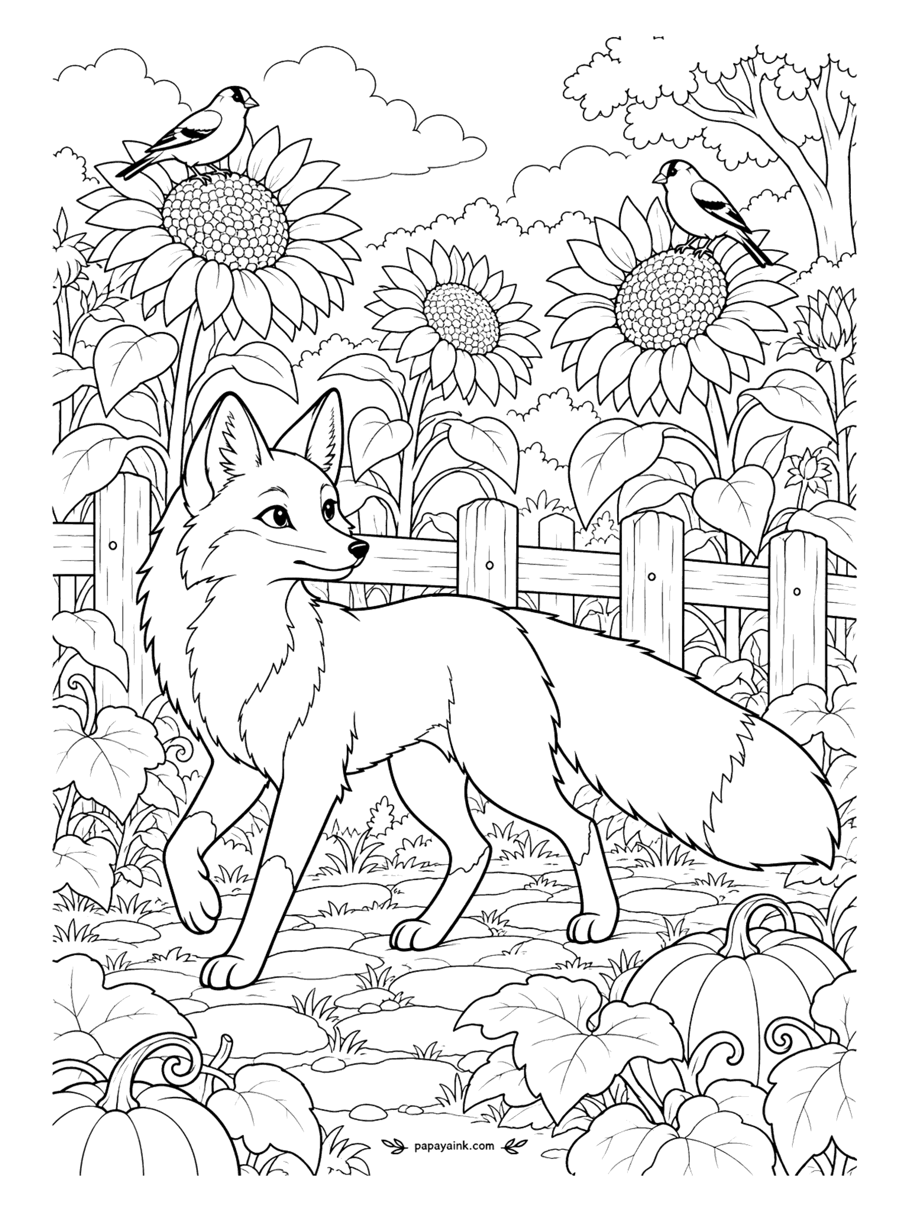 Fox Coloring Pages - Late summer in the garden: sunflowers taller than the fence, pumpkins swelling on the vine, and a pair of goldfinches picking seeds while the fox strolls past below. Detailed - start with the sunflower heads and work down.