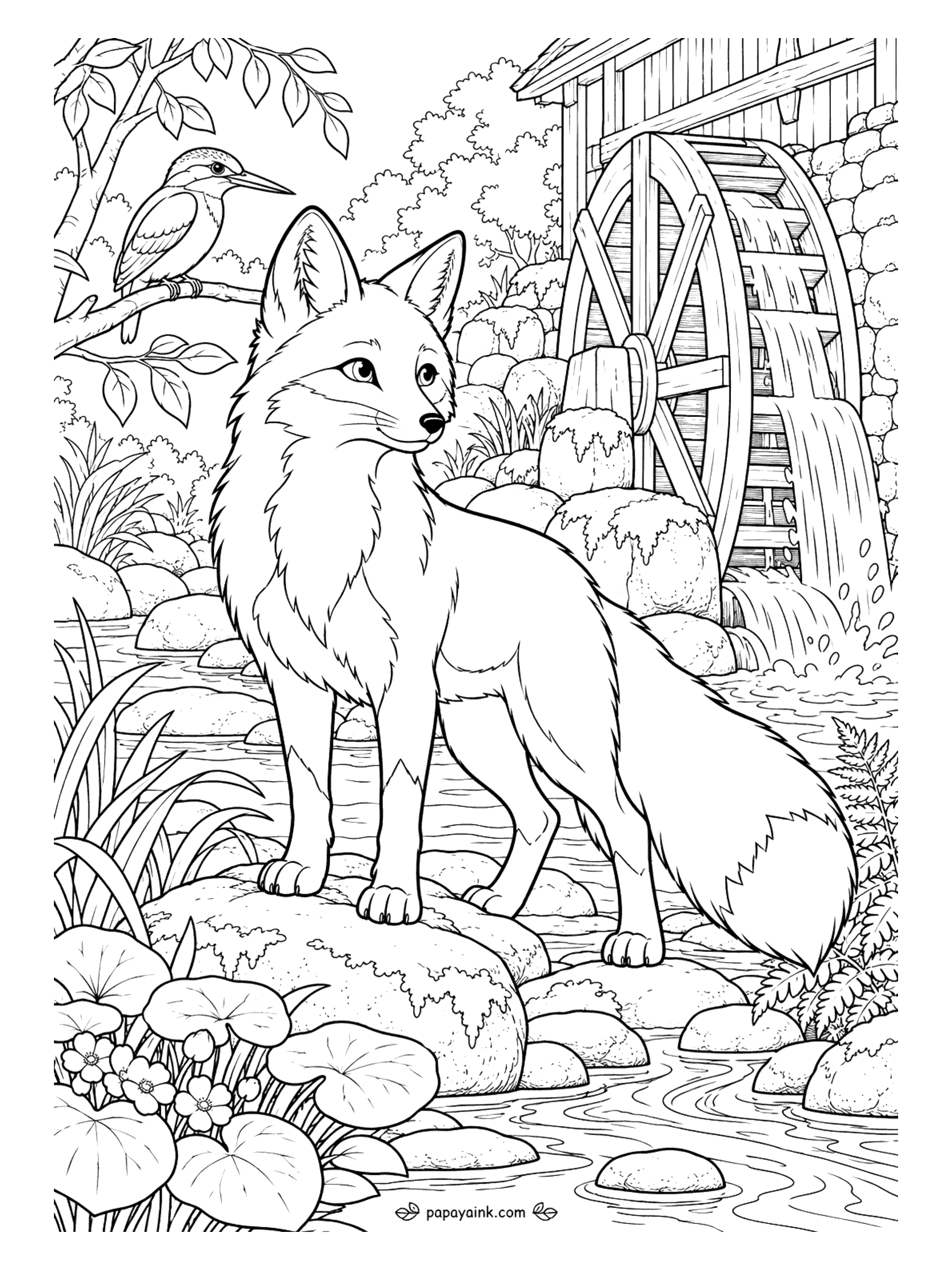 Fox Coloring Pages - The old mill wheel still turns, splashing water over the rocks, and a kingfisher waits on its branch for the right moment to dive. The fox on the mossy stone is in no hurry either. Detailed, with plenty of water and stonework.