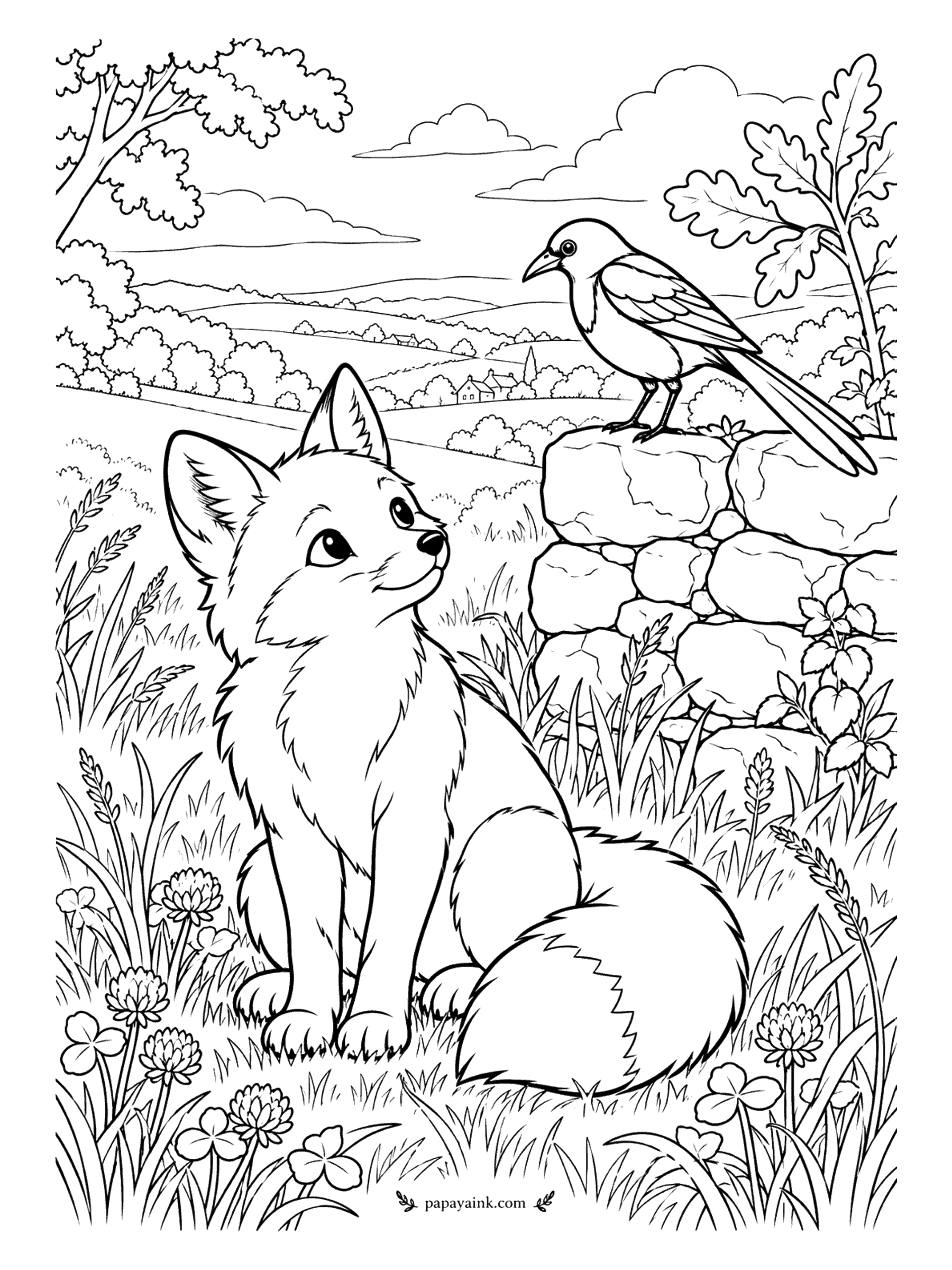 Fox Coloring Pages - Magpies have a reputation for taking shiny things, and the fox sitting in the clover is keeping a very close eye on this one. A stone wall, wildflowers and a village in the distance. A calm, mid-level page.