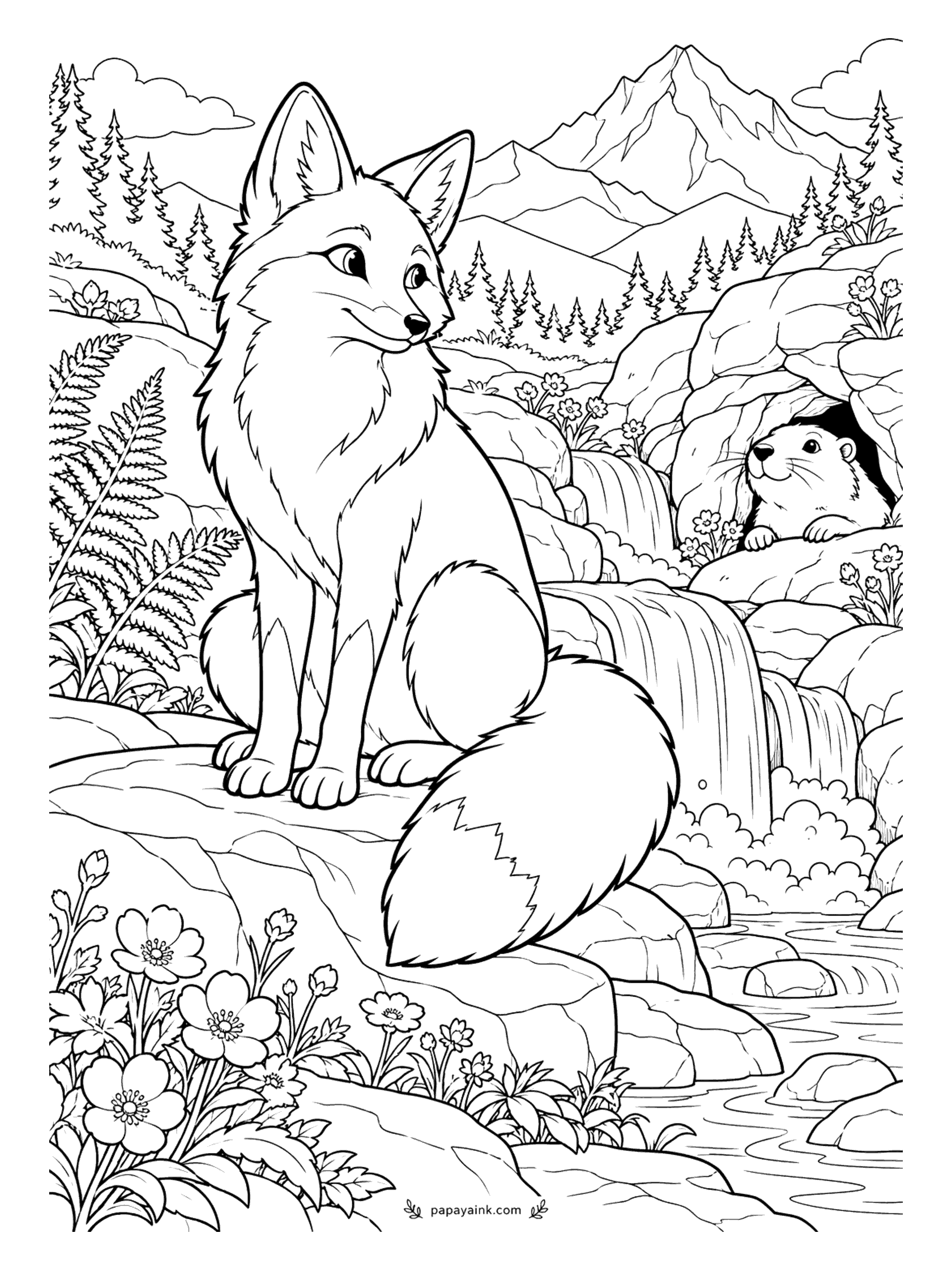 Fox Coloring Pages - Ferns, a tumbling waterfall and a mountain meadow in bloom - and a marmot peering out of its rocky den to see who has come to sit on its doorstep. Detailed, with lots of flowers in the foreground.