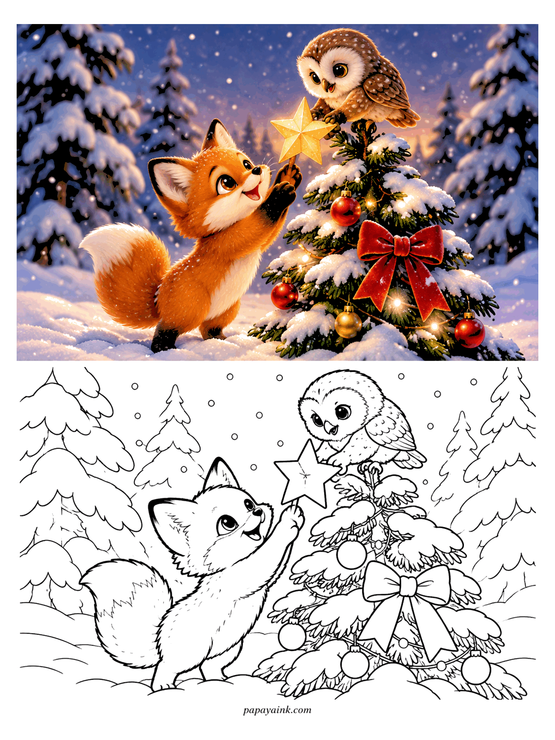 Cute Christmas Coloring Pages - A fox reaches up to place the star on a snowy tree while a little owl helps from the top branch.