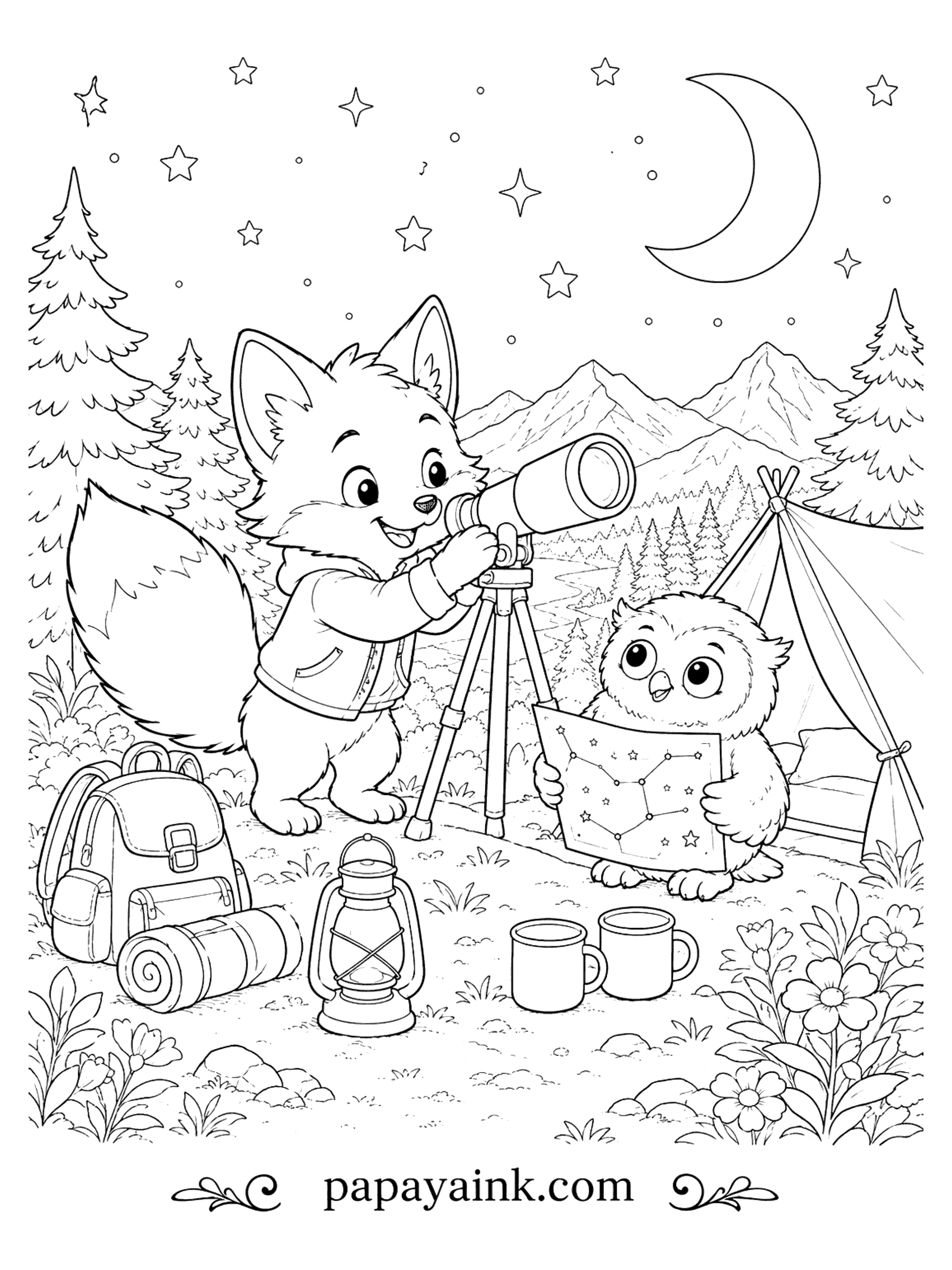 Fox Coloring Pages - A fox in a camping vest peers through a telescope at a crescent moon while an owl reads a star chart beside the tent, lantern, and backpack.