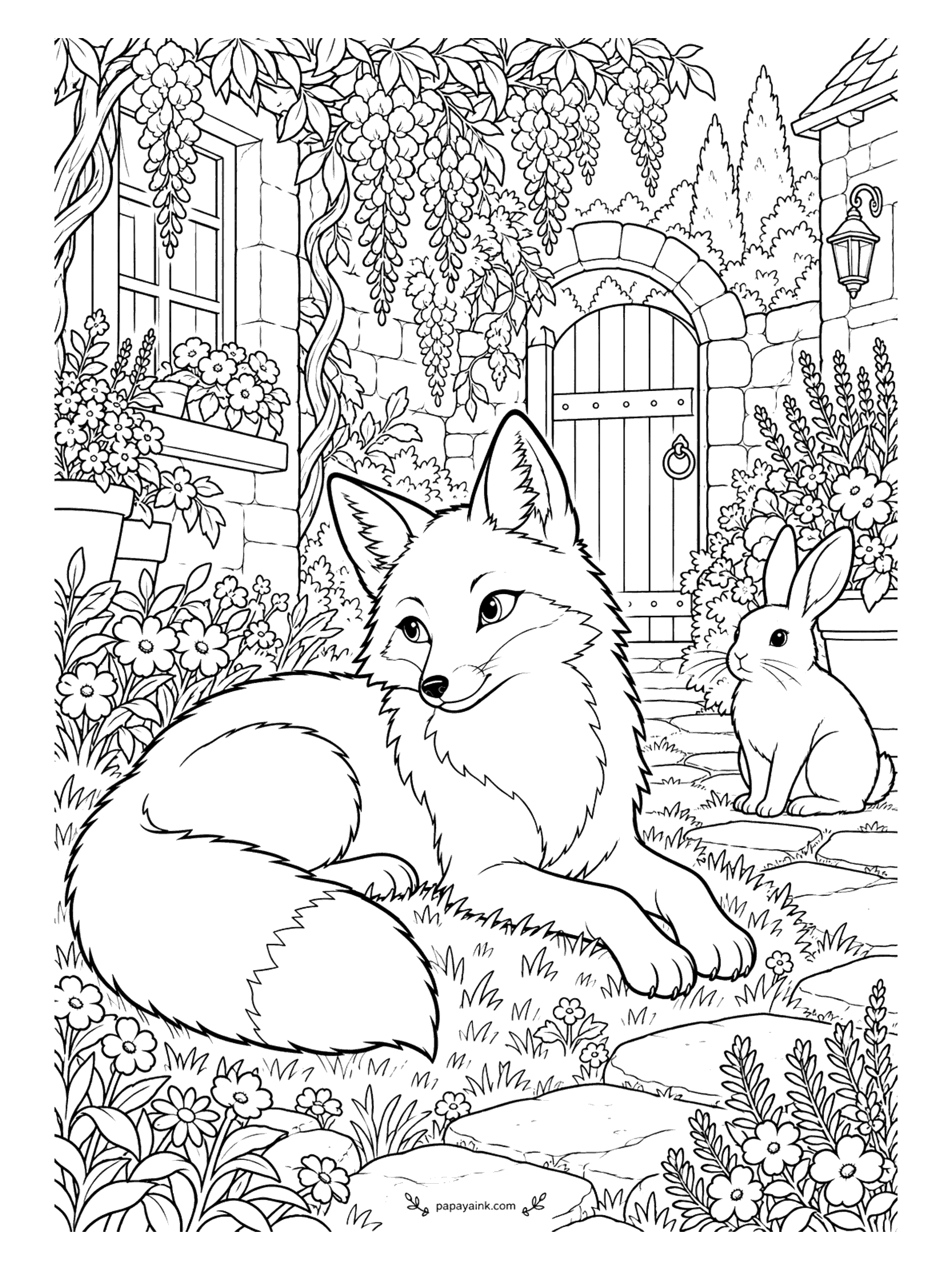 Fox Coloring Pages - Wisteria hangs over an old stone courtyard, and a fox has stretched out in the sunny patch beside the flower beds. The rabbit at the gate is still weighing its options. Detailed - lantern, door, blossoms and stonework to fill.
