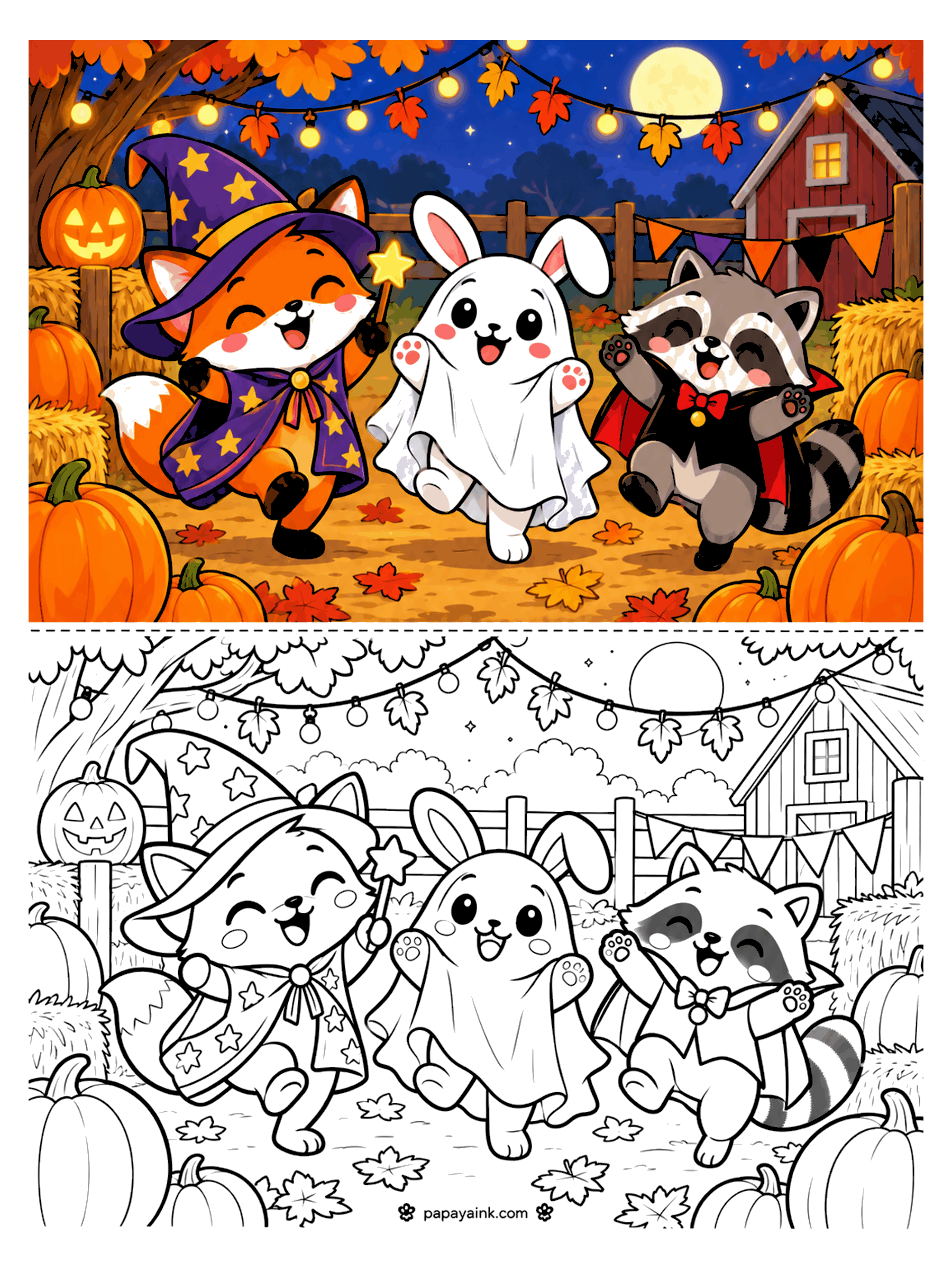 Pumpkin Coloring Pages - A fox wizard with a star wand, a bunny in a ghost sheet, and a raccoon vampire dance between hay bales and pumpkins under string lights and a full moon.