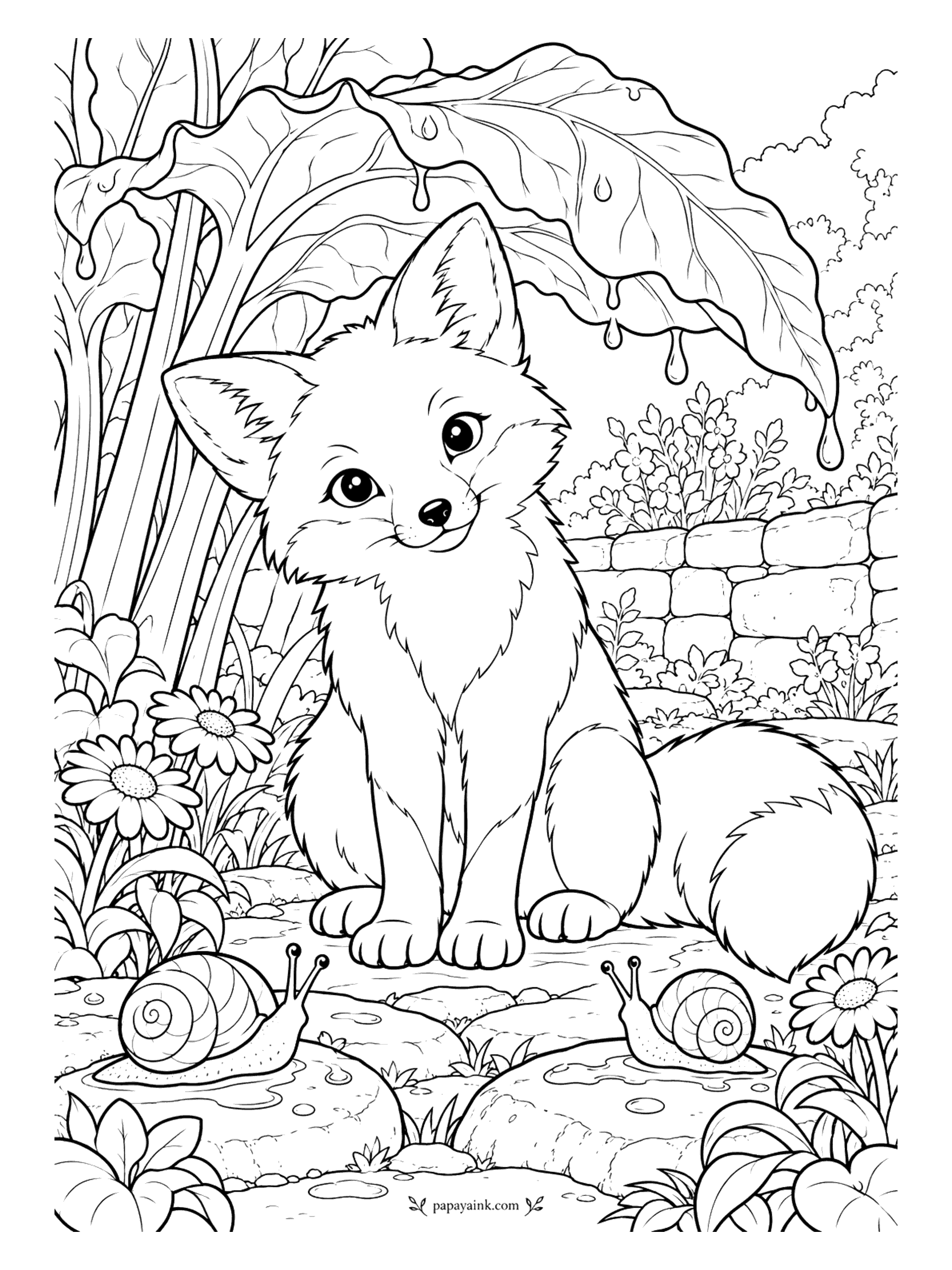 Fox Coloring Pages - Rain drips off a leaf the size of an umbrella, and the fox cub underneath could not look happier about it. Two garden snails are out enjoying their favorite weather too. Big, friendly shapes for younger colorists.