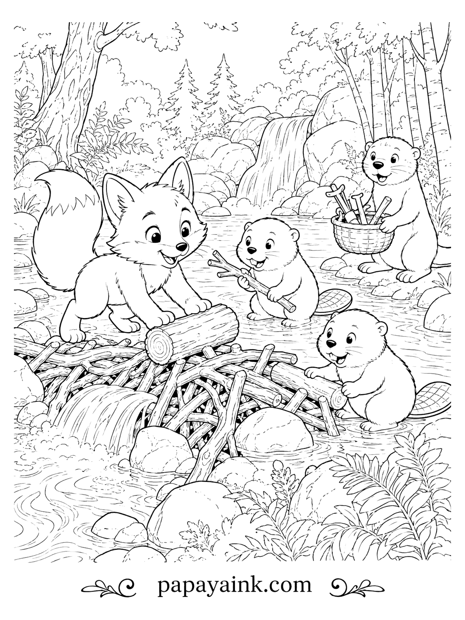 Fox Coloring Pages - A little fox balances on a log while three beavers stack branches across a rocky creek, with a waterfall tumbling in the background.