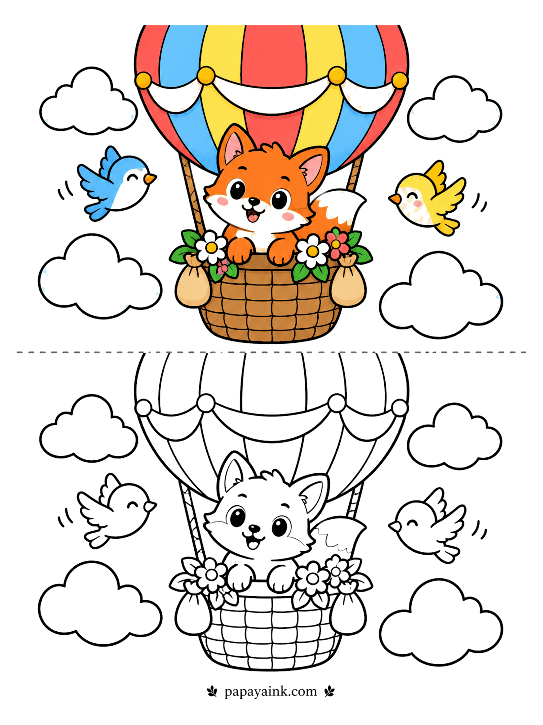 Copy Coloring Pages - Copy coloring page of a fox riding a striped hot air balloon, with two songbirds and puffy clouds