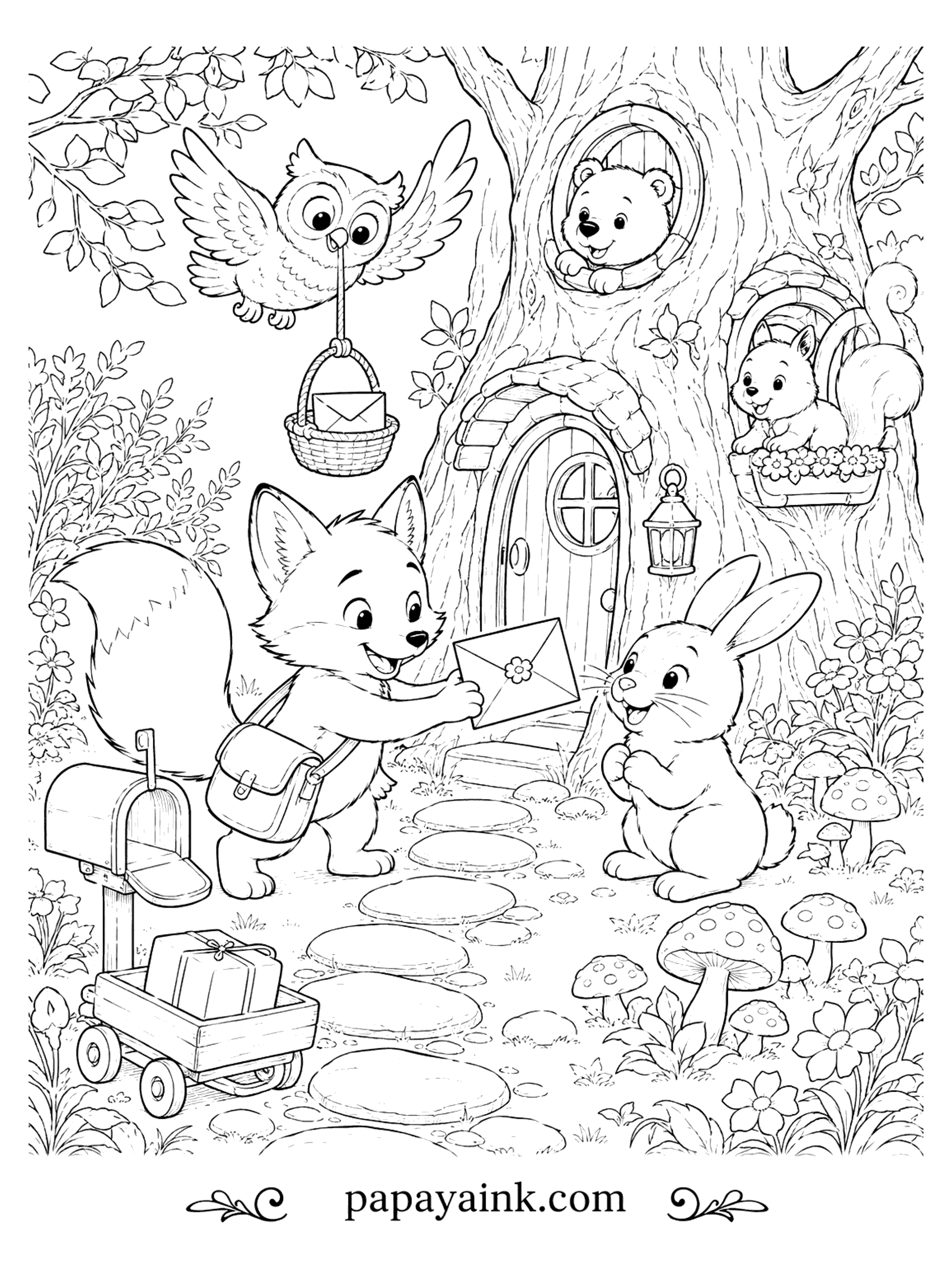 Fox Coloring Pages - A fox with a mailbag hands a flower-sealed envelope to a bunny outside a tree house door while an owl delivers a basket and a bear and a squirrel wave from the windows.