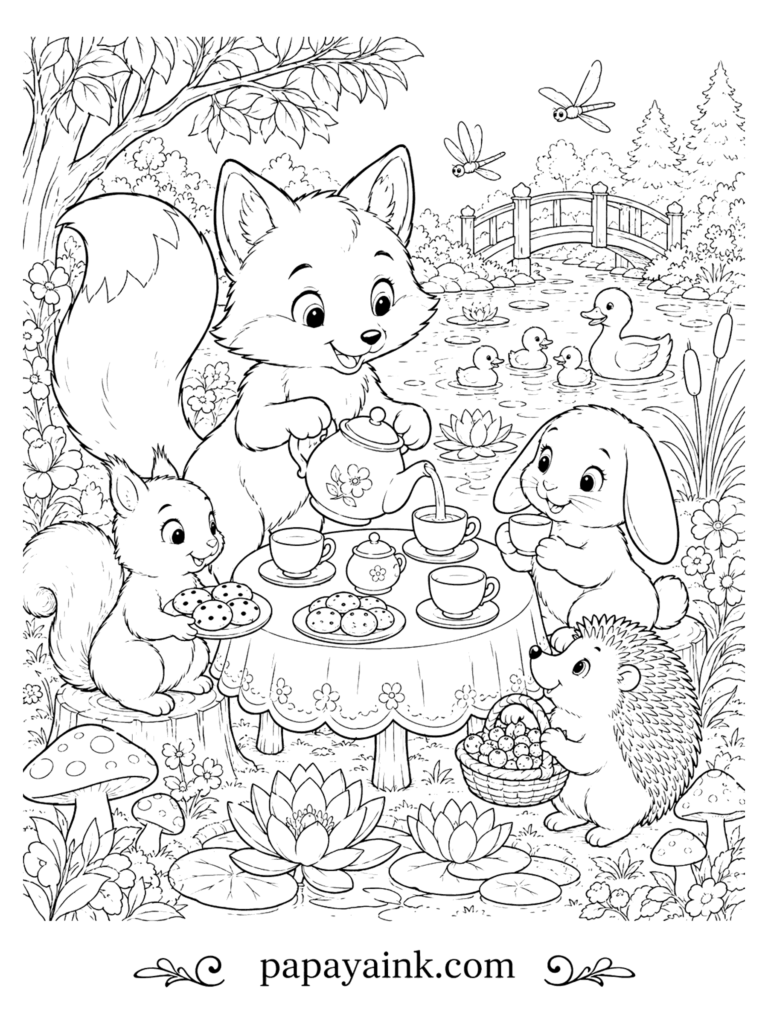 Fox Coloring Pages - A fox pours tea for a squirrel, a bunny, and a hedgehog at a lace-covered table beside a lily pond, with ducklings paddling under a wooden footbridge. Detailed