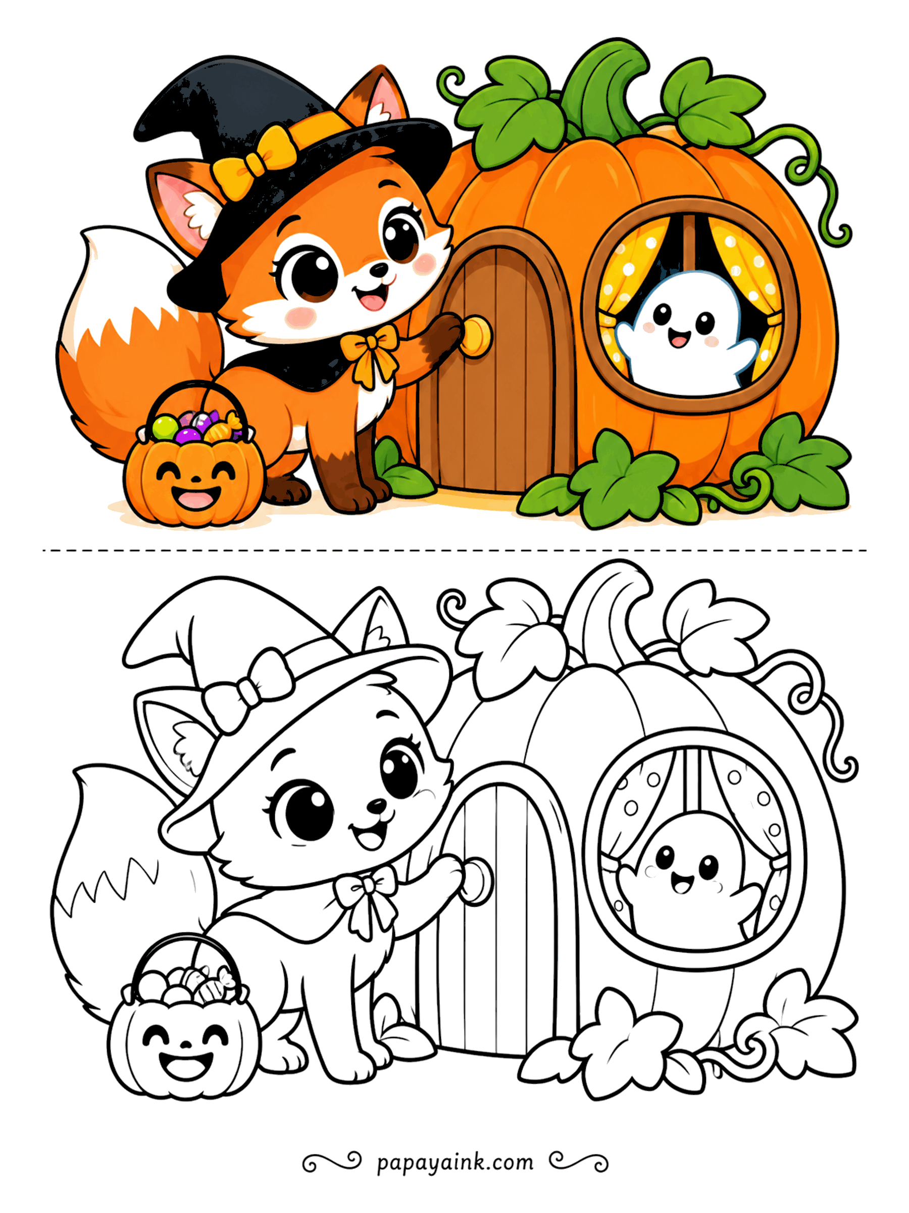 Easy Cute Halloween Coloring Pages - Knock knock at the pumpkin cottage: the fox, in witch's hat and cape, has brought its candy bucket to the round door while a ghost waves from behind the polka-dot curtain. Vines, leaves, planks and a porthole window - Detailed.